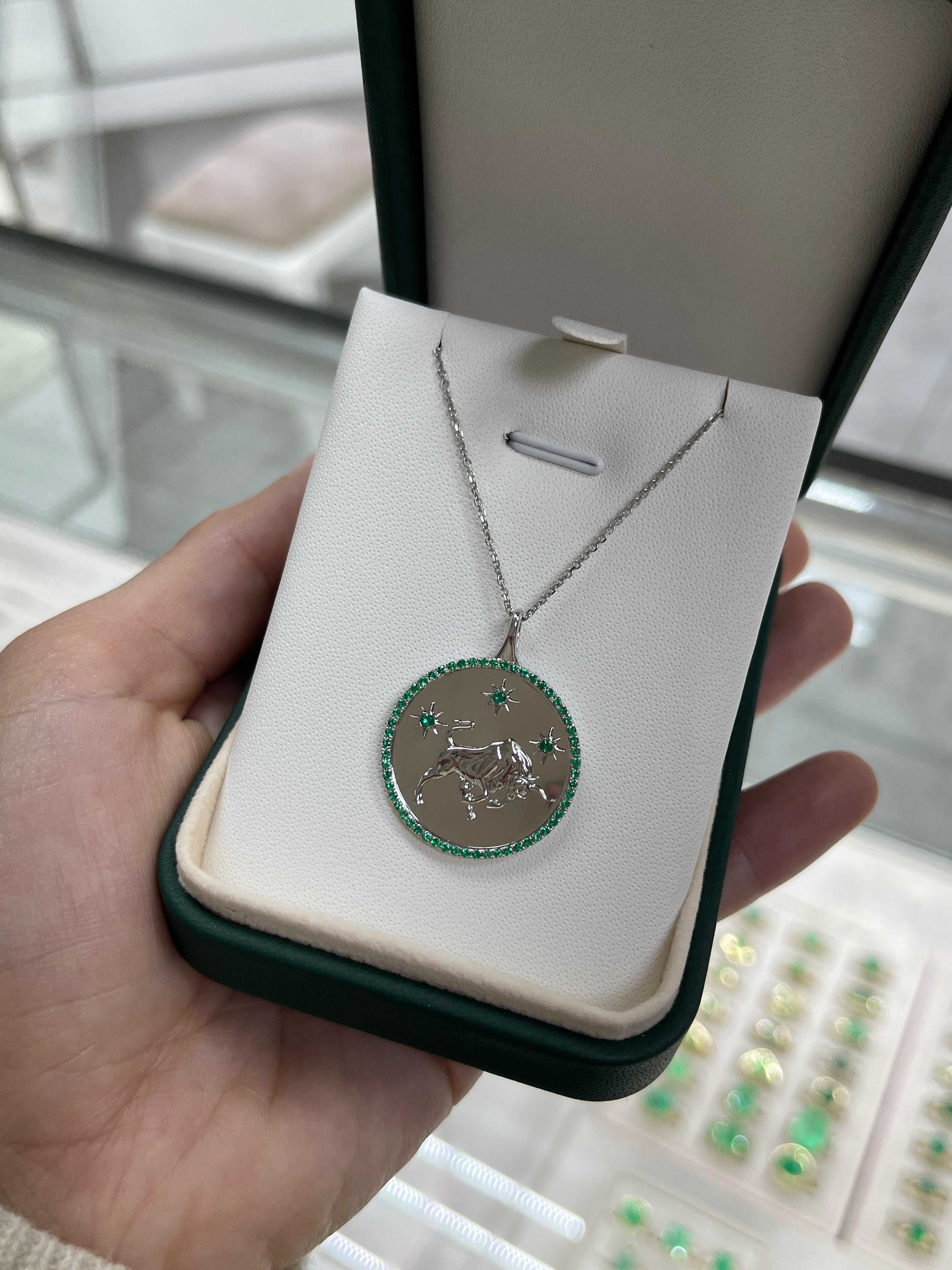 14K Emerald Taurus Medallion With Emerald Halo Pendant