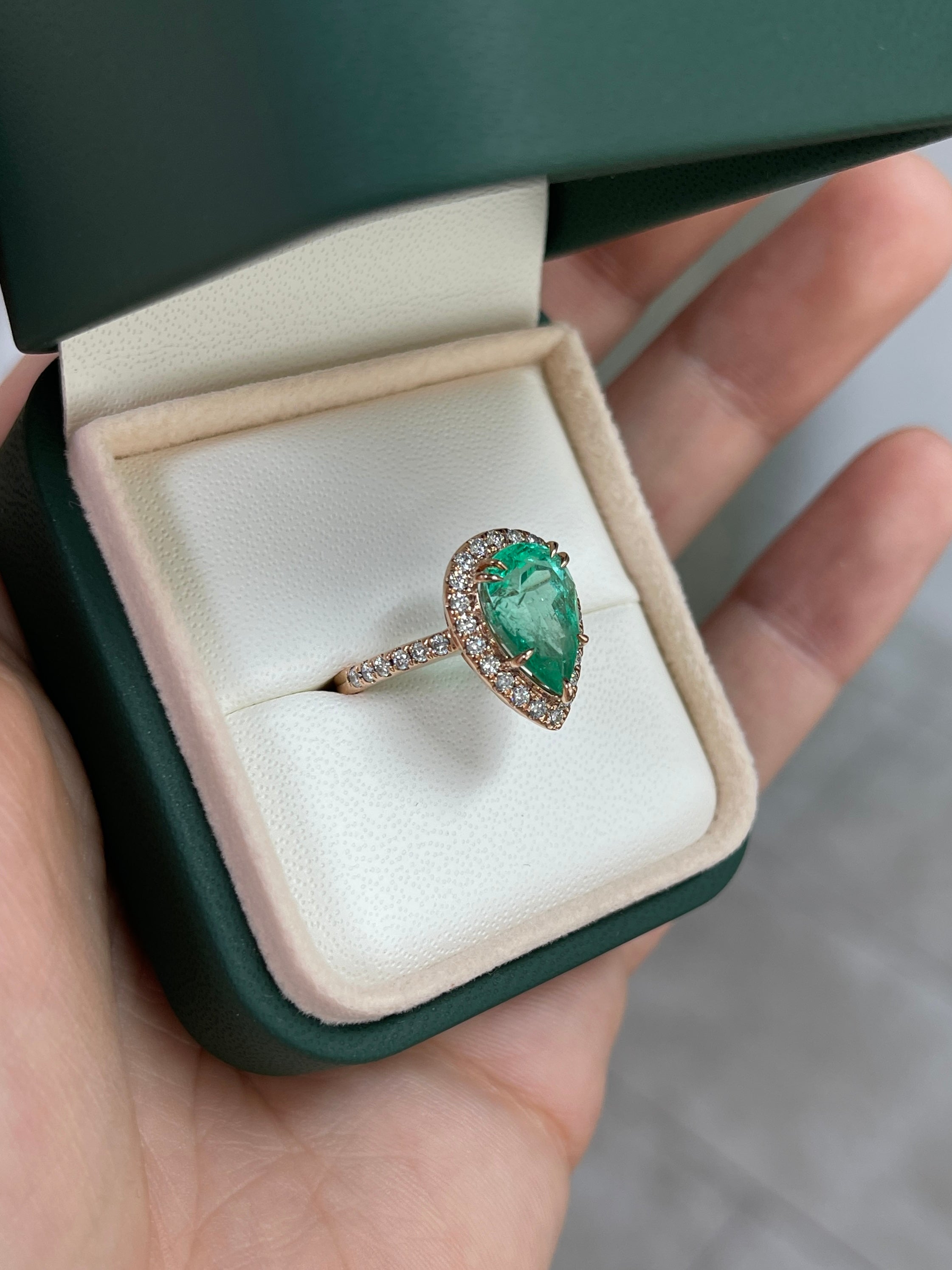 3.44tcw 14K Pear Emerald & Diamond Halo/Shank Rose Gold Engagement Ring