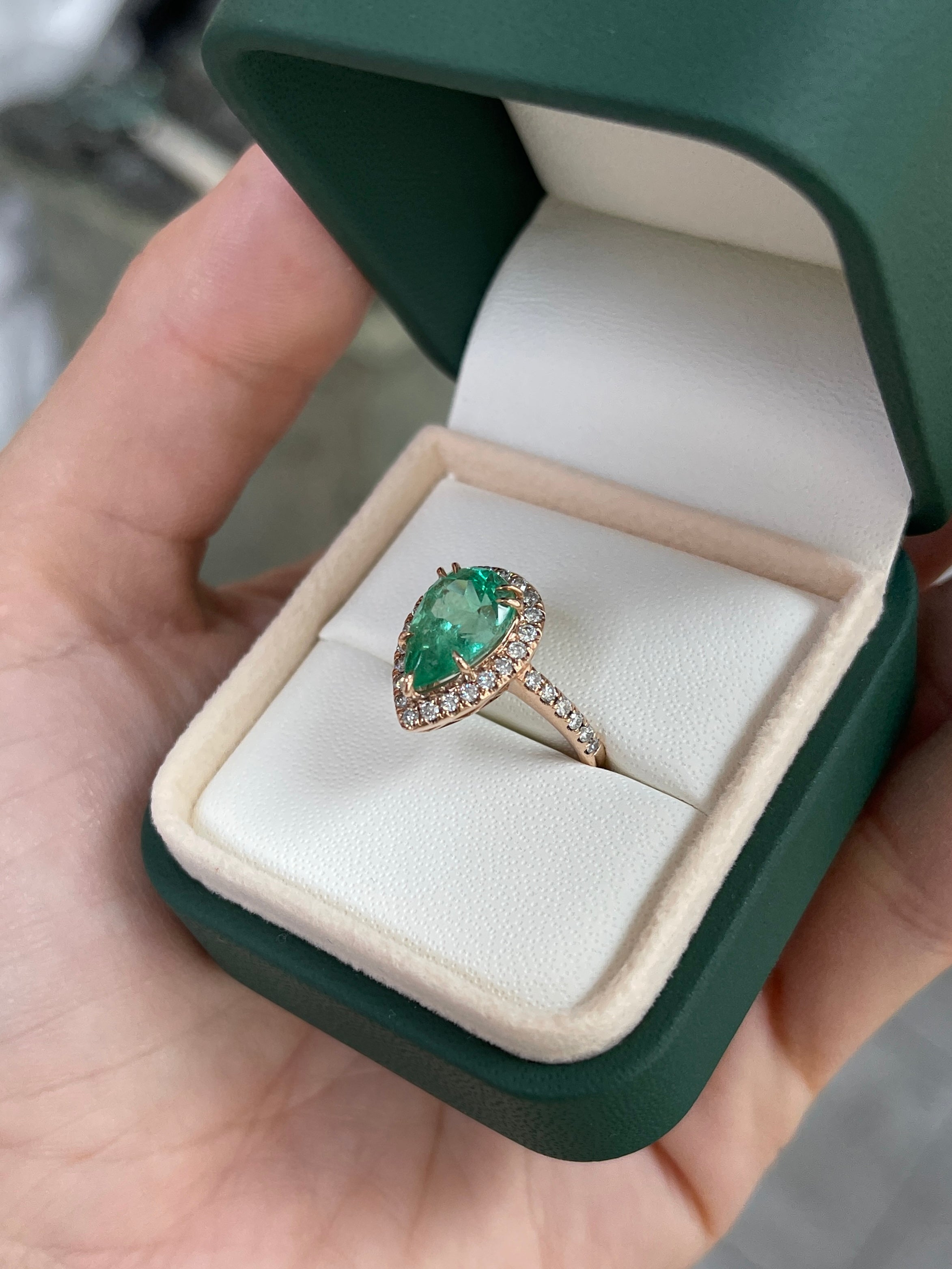 3.44tcw 14K Pear Emerald & Diamond Halo/Shank Rose Gold Engagement Ring