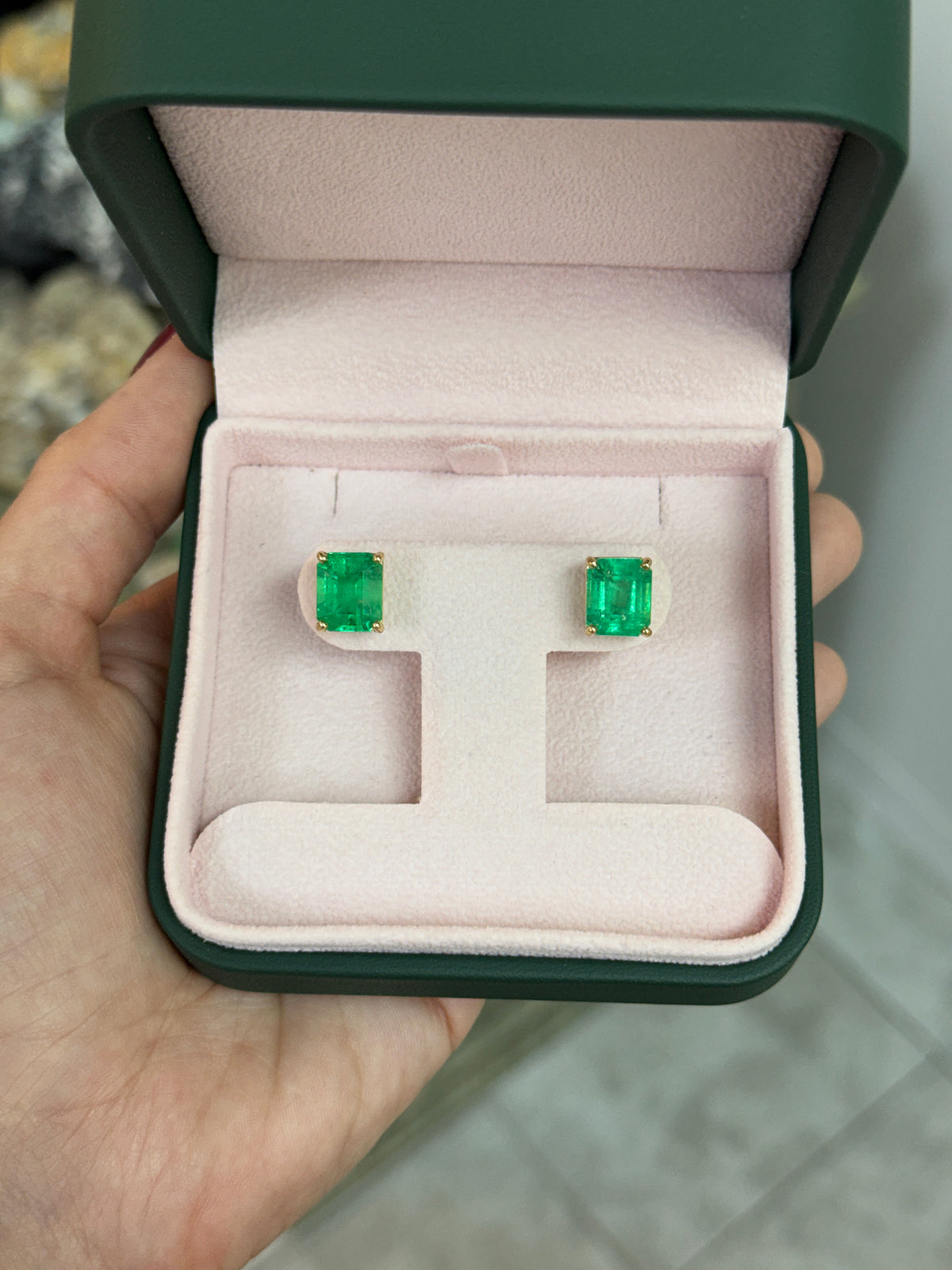 9.03tcw 11x9 Muzo Green Emerald Cut Colombian Emerald Studs 18K