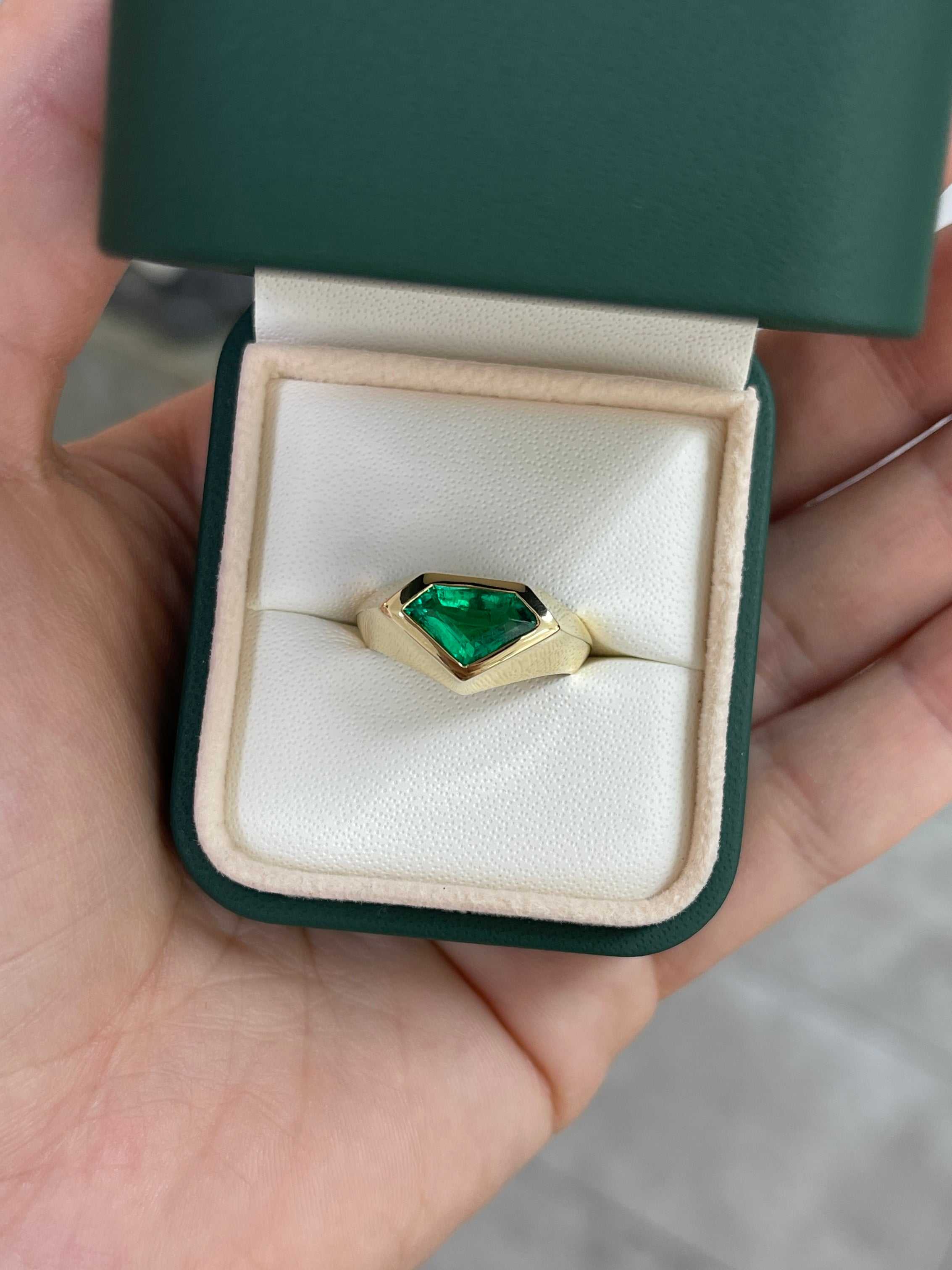 1.61 Carat Bezel Set Superman Cut Emerald Solitaire Ring 18K