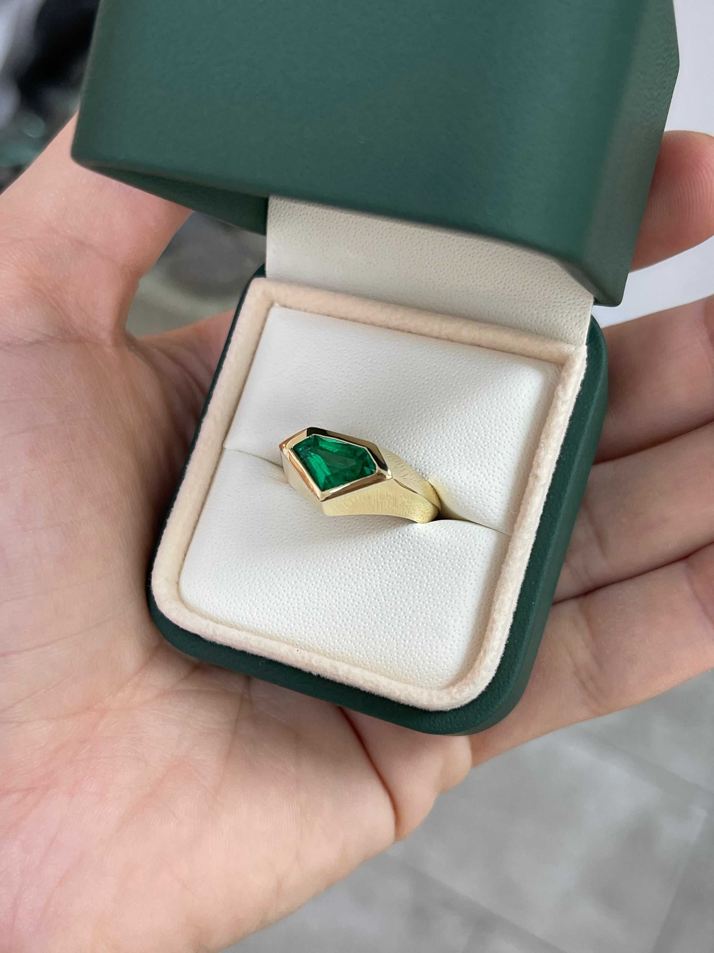 1.61 Carat Bezel Set Superman Cut Emerald Solitaire Ring 18K