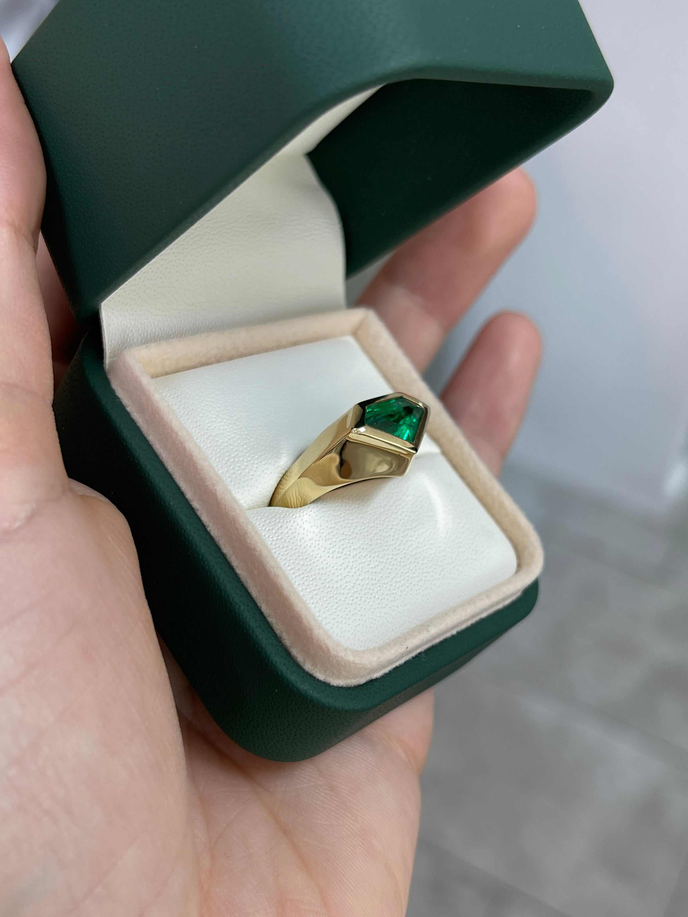 1.61 Carat Bezel Set Superman Cut Emerald Solitaire Ring 18K