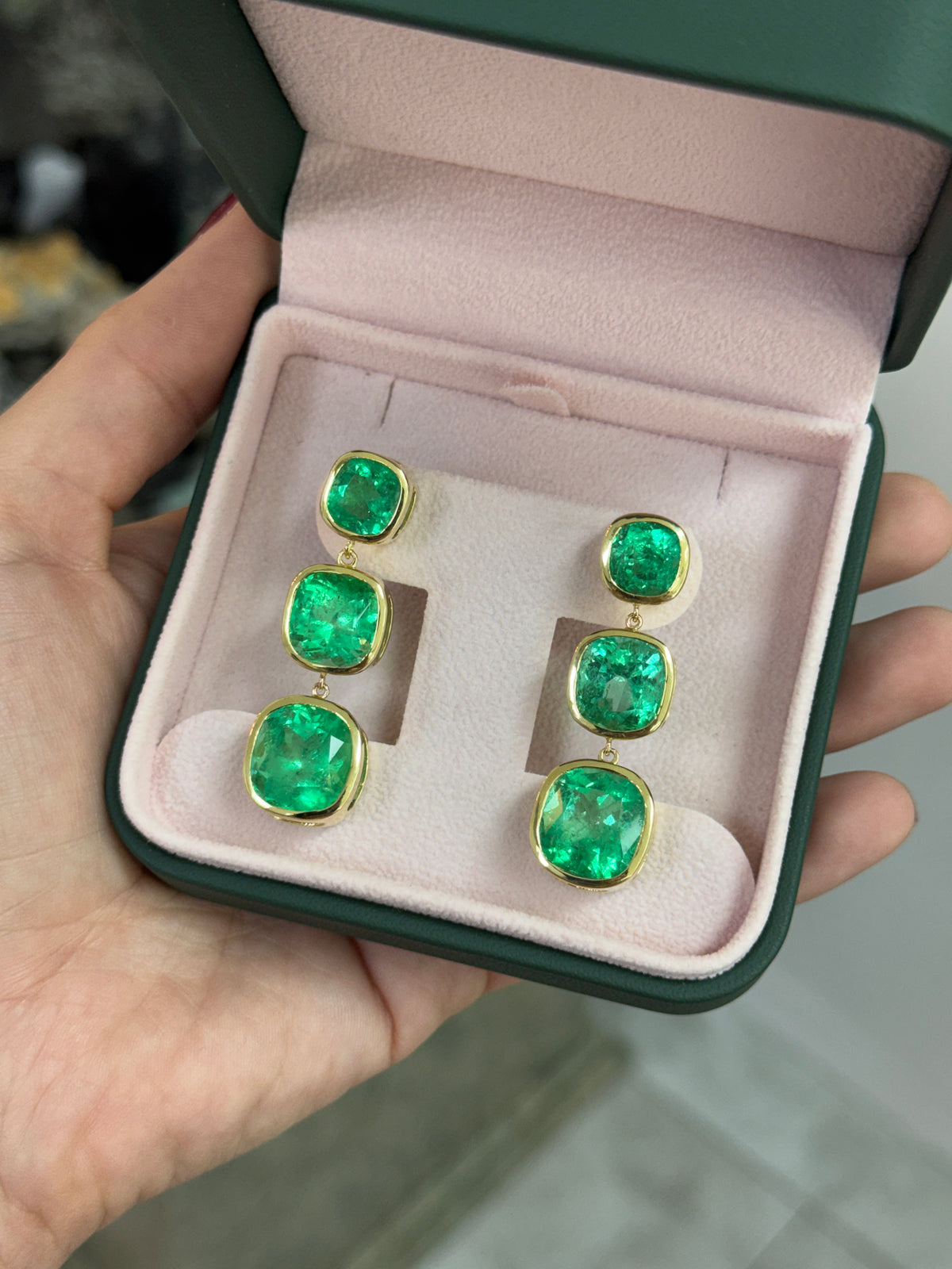 33.68tcw Muzo Cushion Cut Colombian Emerald Drop & Dangle Earrings 18K