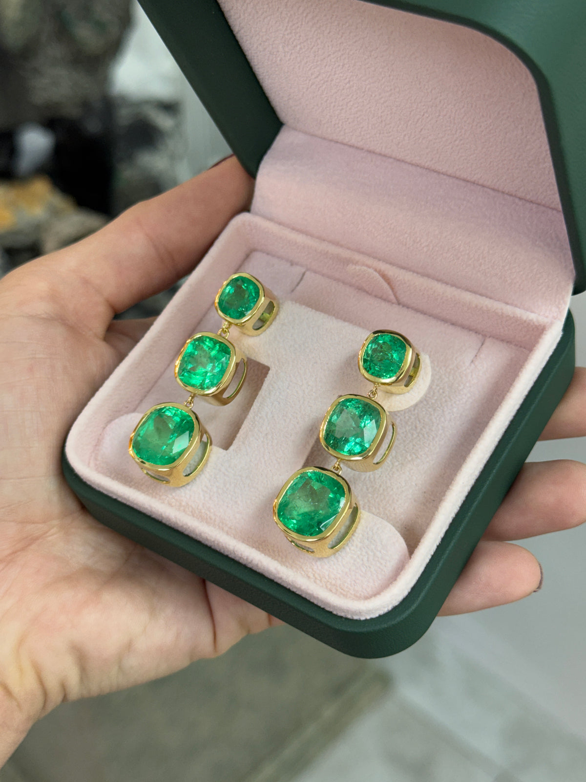33.68tcw Muzo Cushion Cut Colombian Emerald Drop & Dangle Earrings 18K
