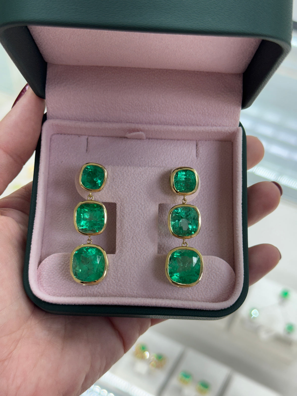 33.68tcw Muzo Cushion Cut Colombian Emerald Drop & Dangle Earrings 18K