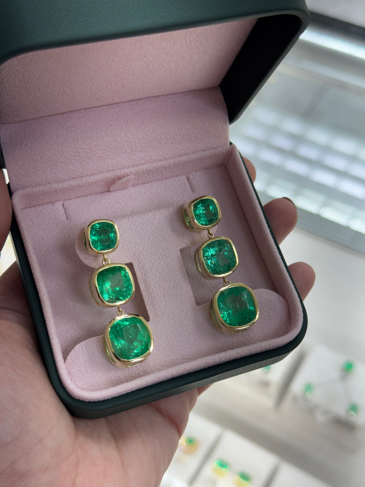 33.68tcw Muzo Cushion Cut Colombian Emerald Drop & Dangle Earrings 18K