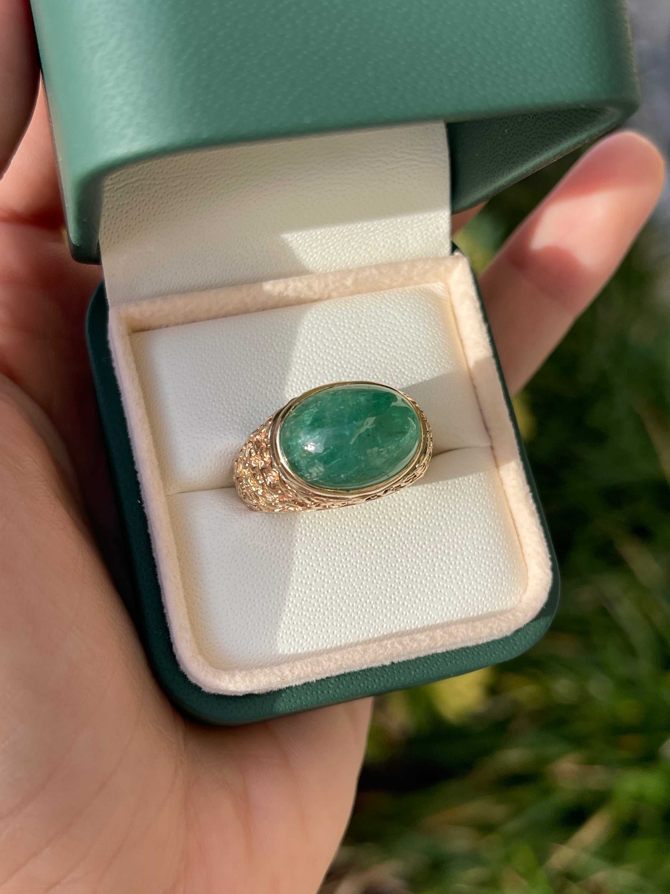 13.01cts 14K Natural Emerald Cabochon Nugget Gold Men's Ring