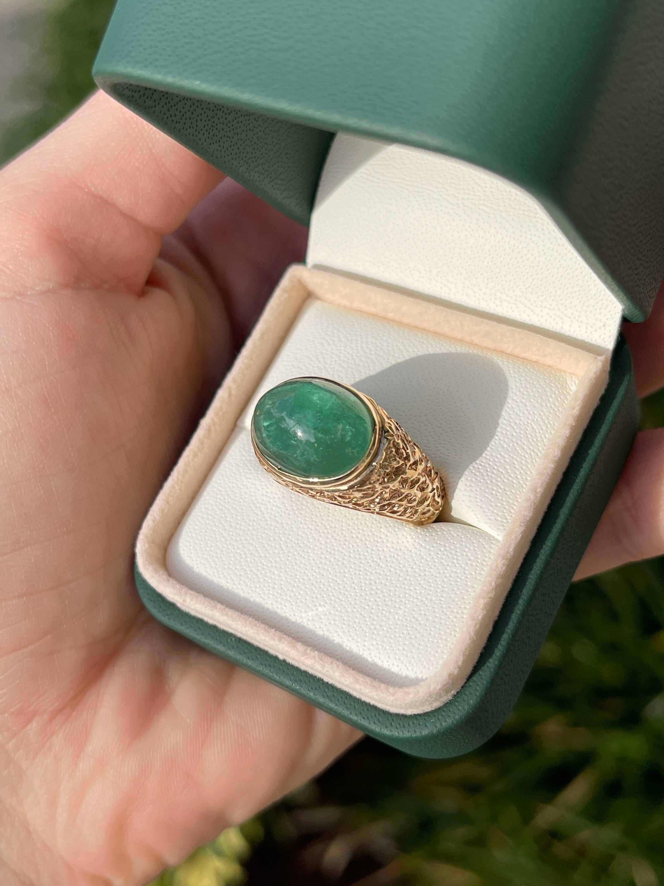 13.01cts 14K Natural Emerald Cabochon Nugget Gold Men's Ring