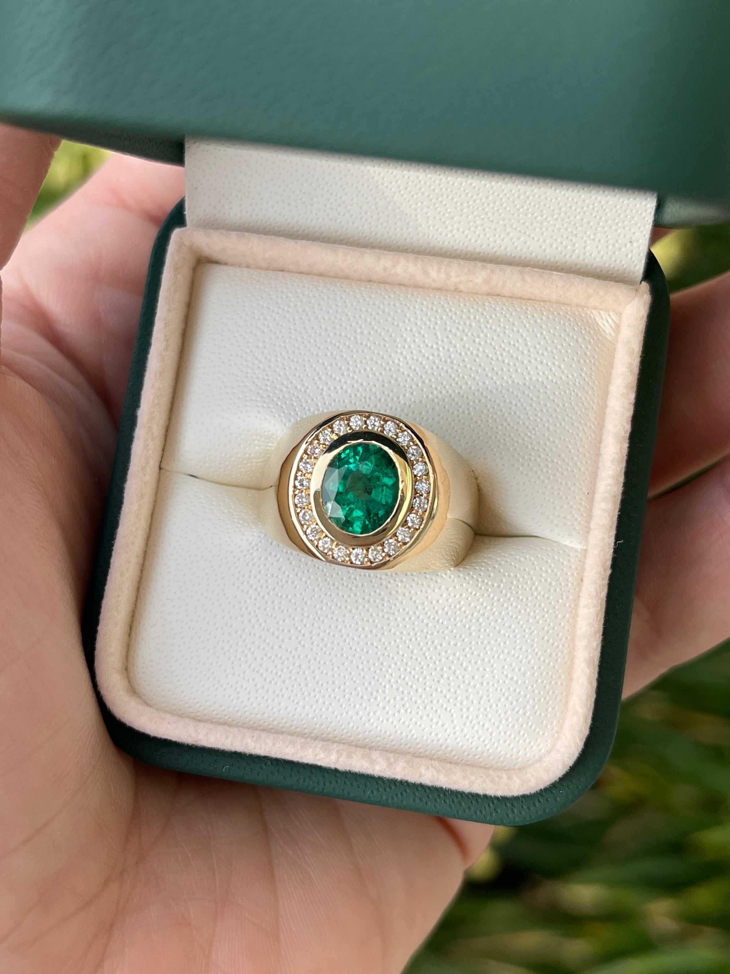 1.95tcw Natural Emerald & Diamond Halo Styled Men's Ring 14K