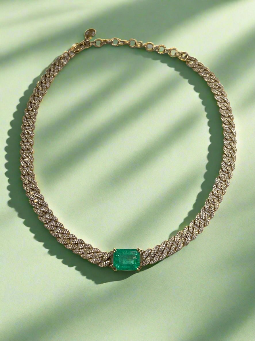 17.46tcw Colombian Emerald & Diamond Iced Out Choker Cuban Link 18K