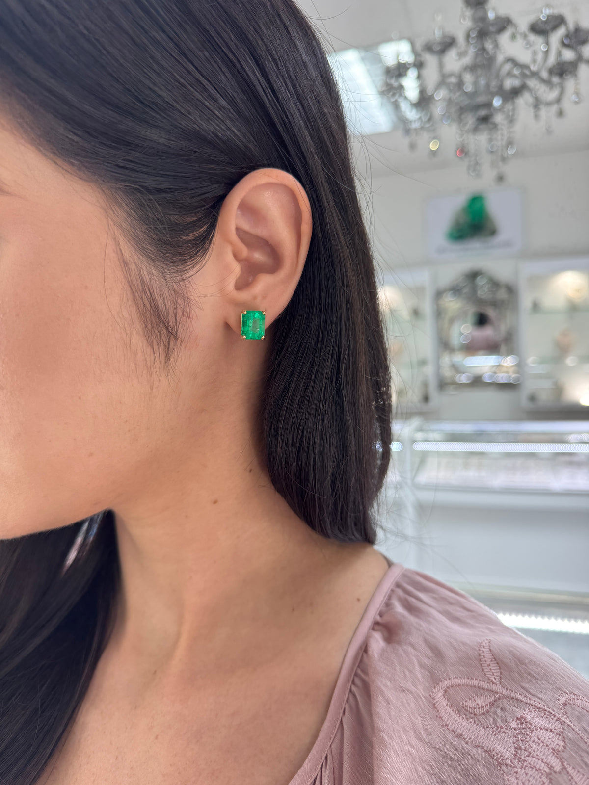 9.03tcw 11x9 Muzo Green Emerald Cut Colombian Emerald Studs 18K