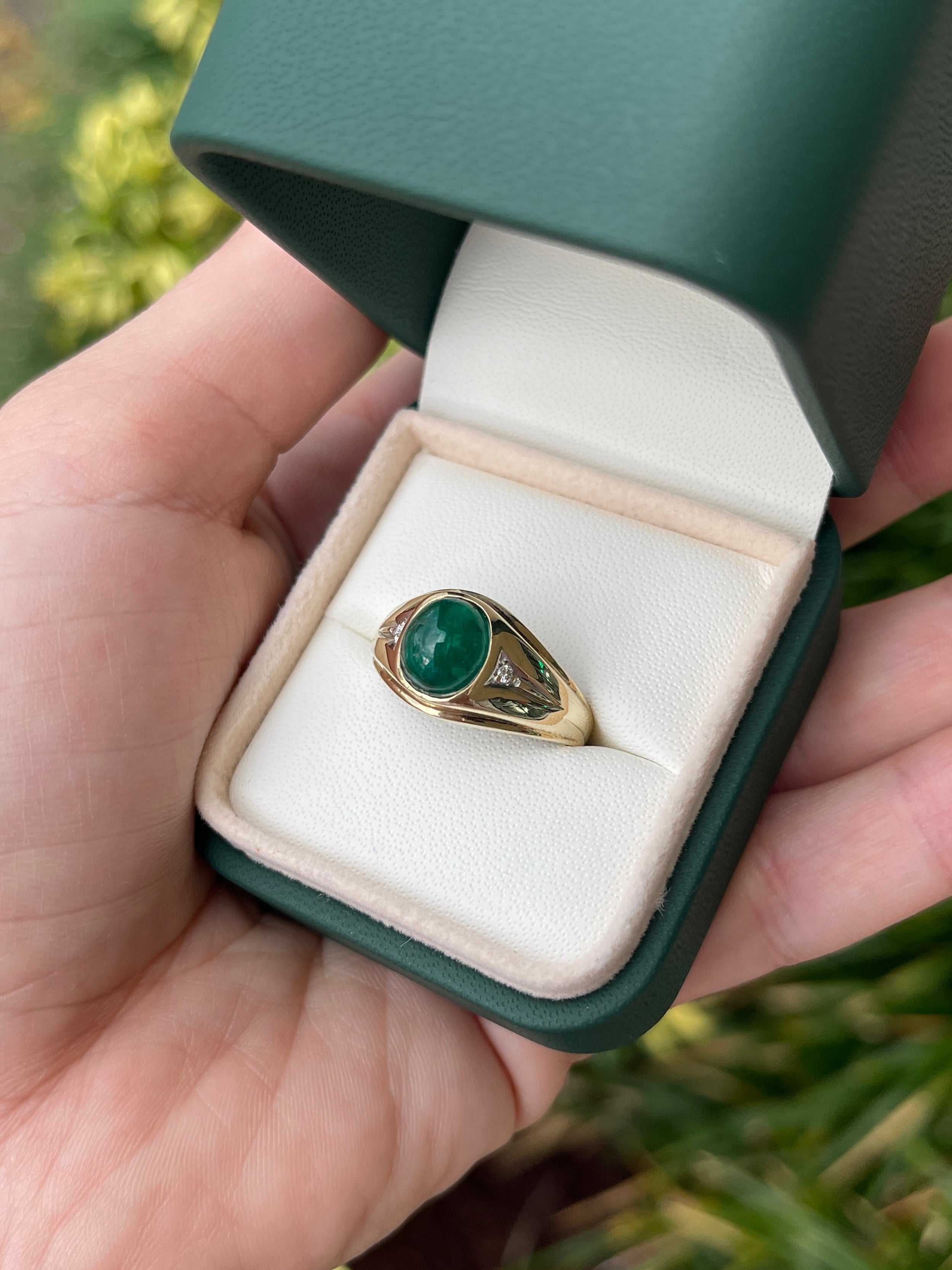 3.20tcw Natural Emerald Cabochon & Diamond Three Stone Men's Everyday Ring 14K