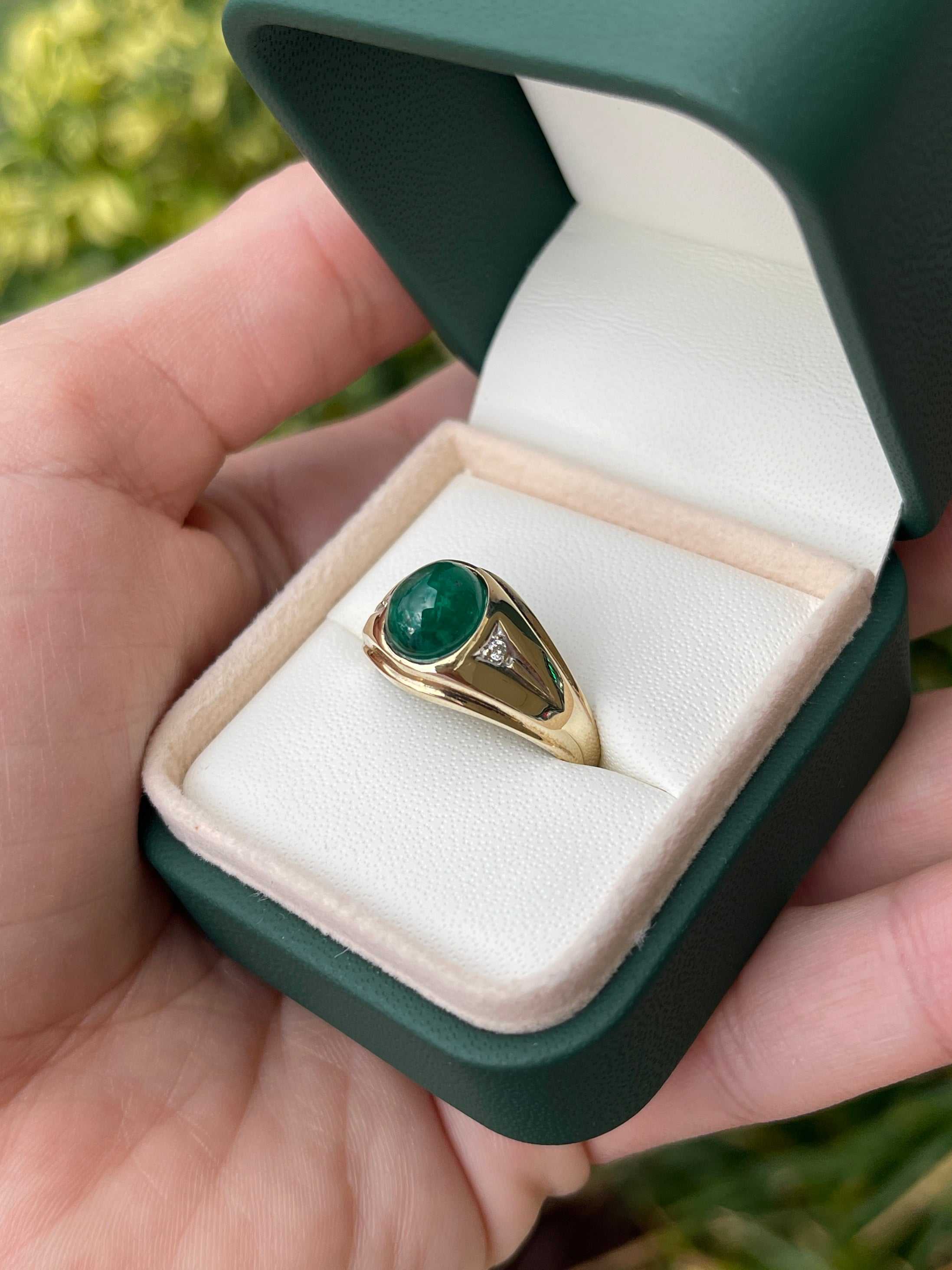 3.20tcw Natural Emerald Cabochon & Diamond Three Stone Men's Everyday Ring 14K