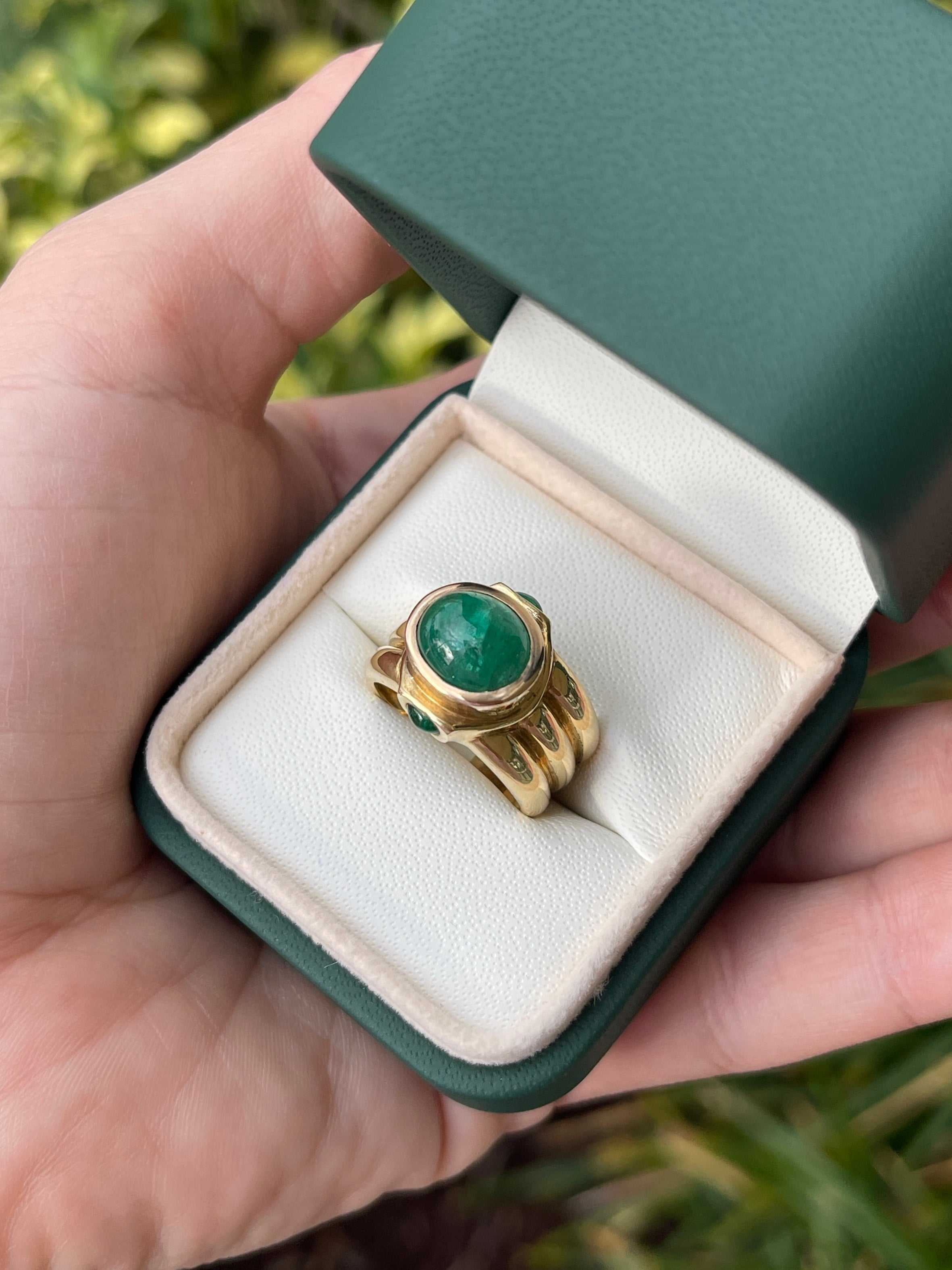 3.87tcw 14K Emerald Cabochon Three Stone Mens Ring