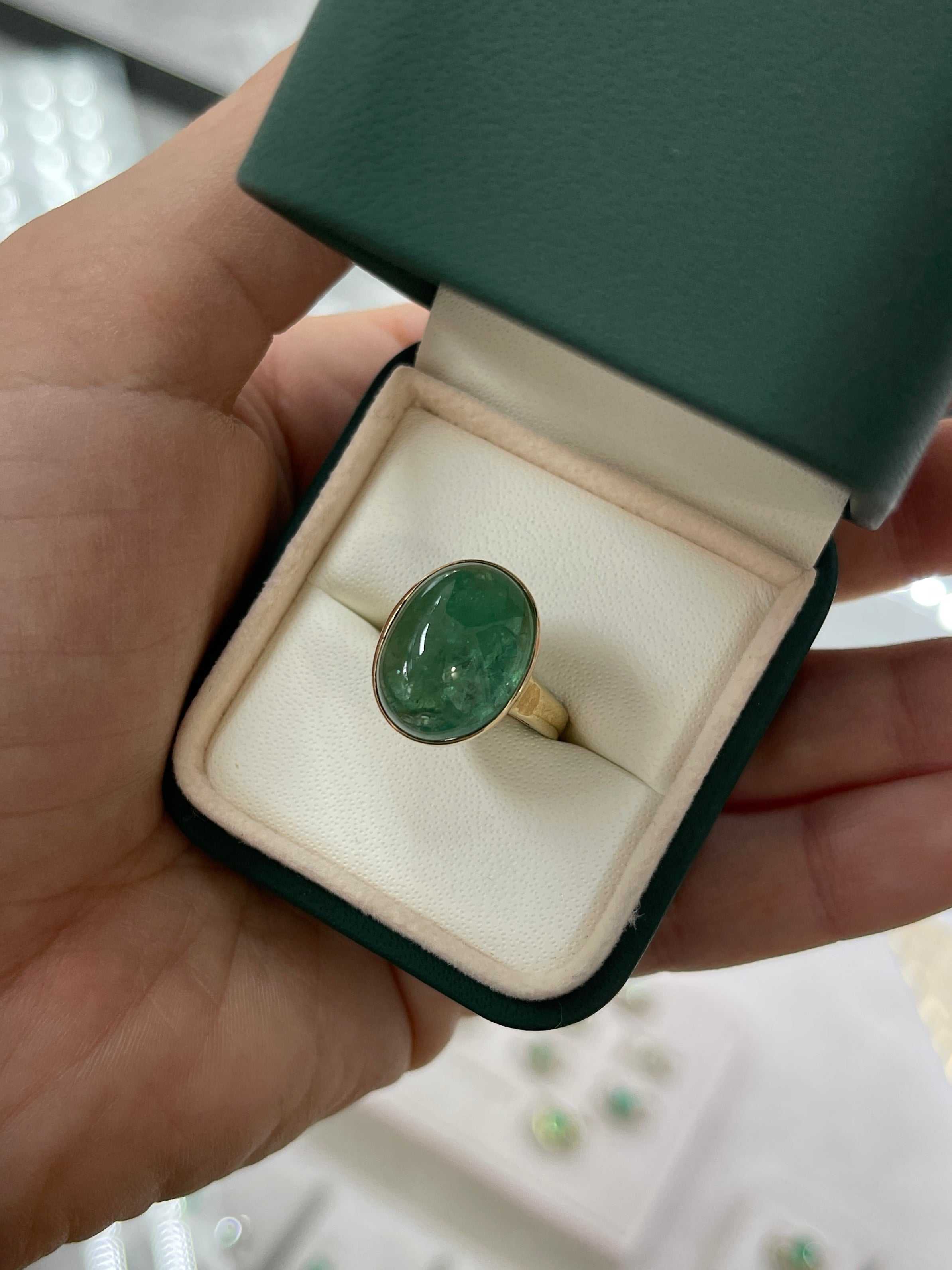 16.37 Carat Large Deep Green Cabochon Emerald Solitaire Bezel Ring 14K