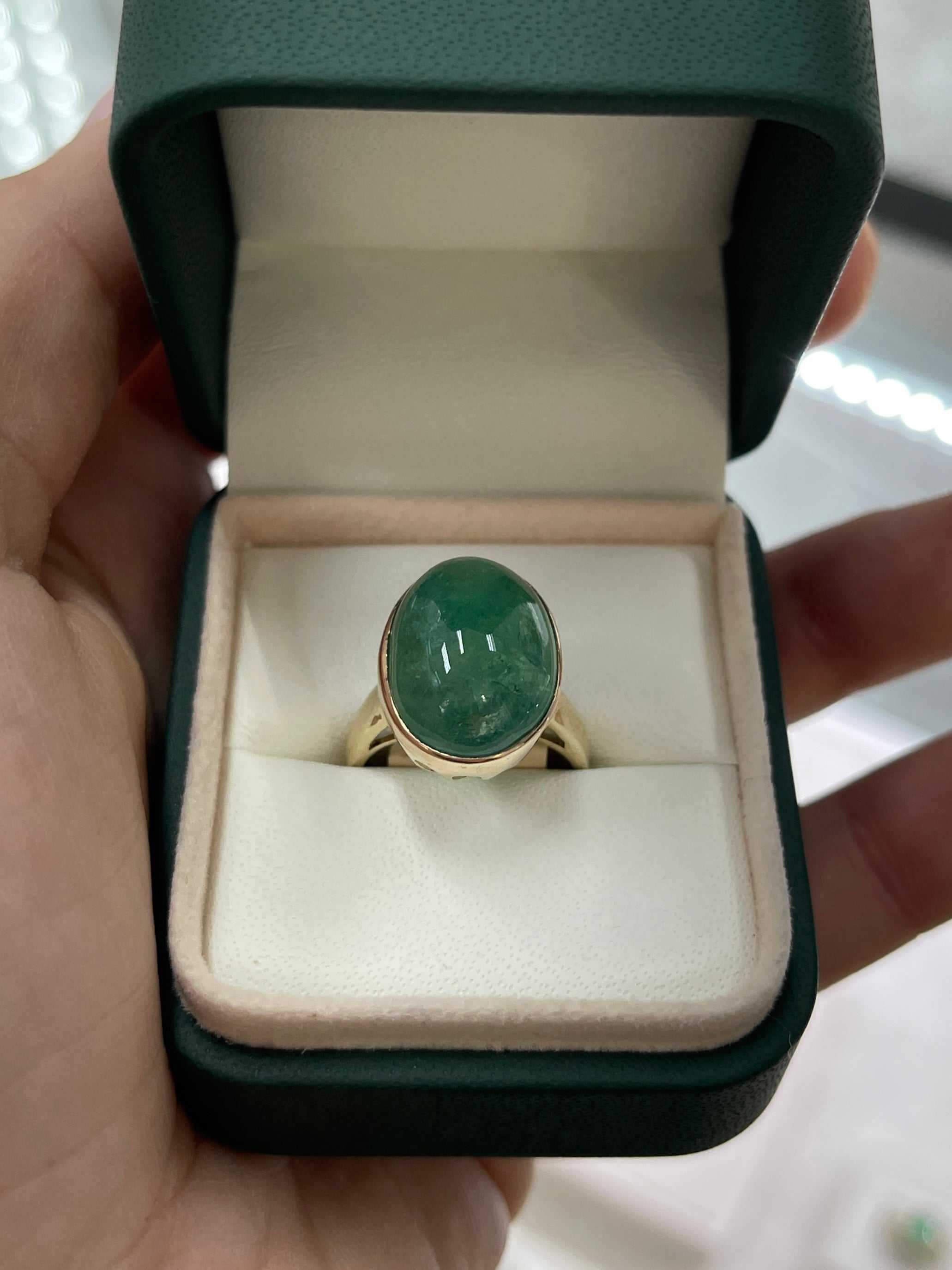 16.37 Carat Large Deep Green Cabochon Emerald Solitaire Bezel Ring 14K