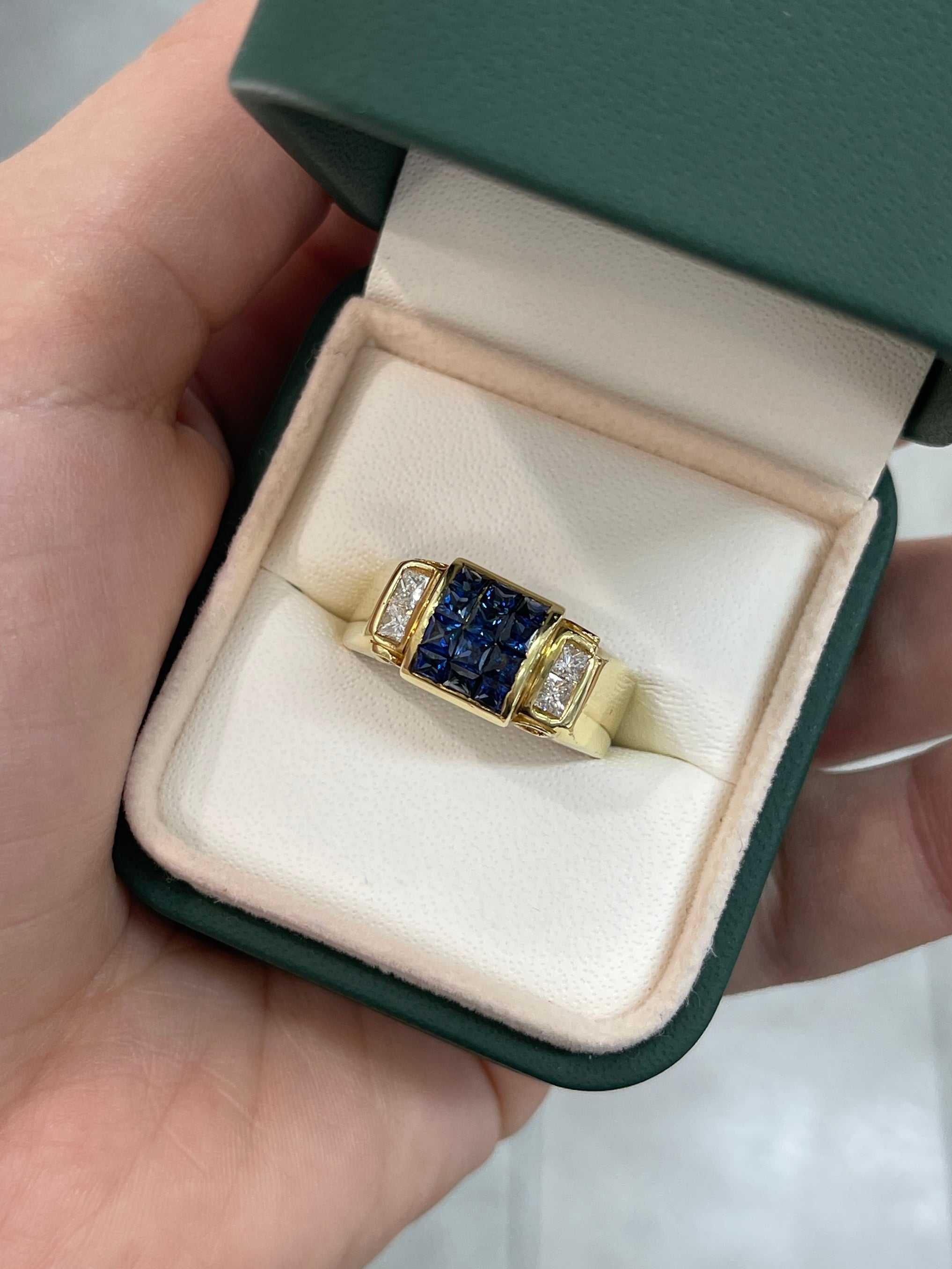 2.0tcw Square Blue Sapphire & Diamond Mens Ring 18K