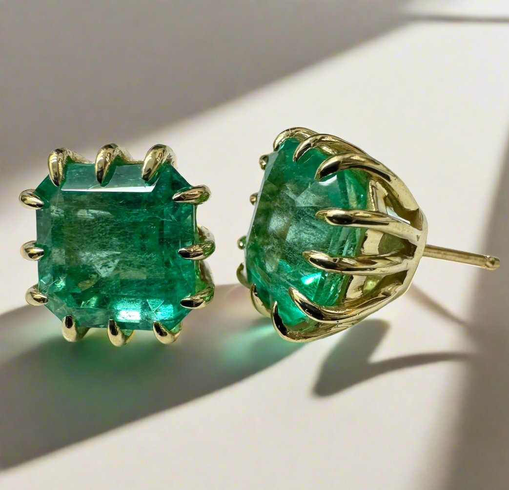 8.56tcw Colombian Emerald Multi Prong 18K Statement Studs