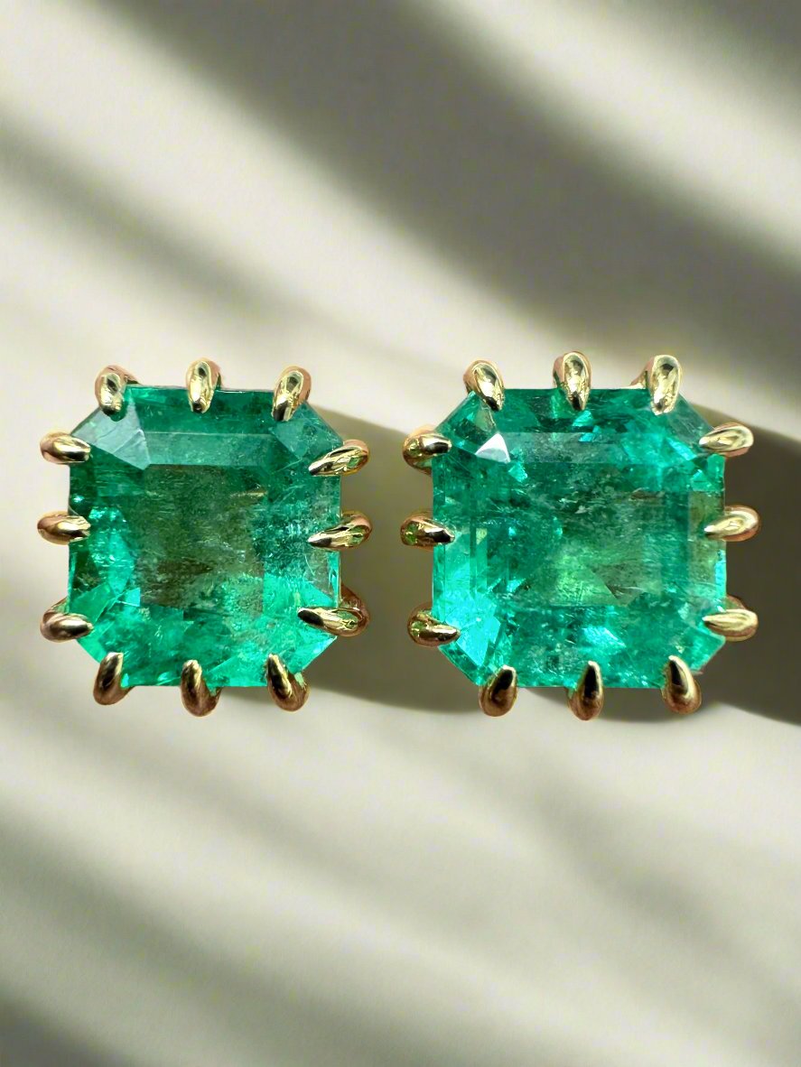 8.56tcw Colombian Emerald Multi Prong 18K Statement Studs