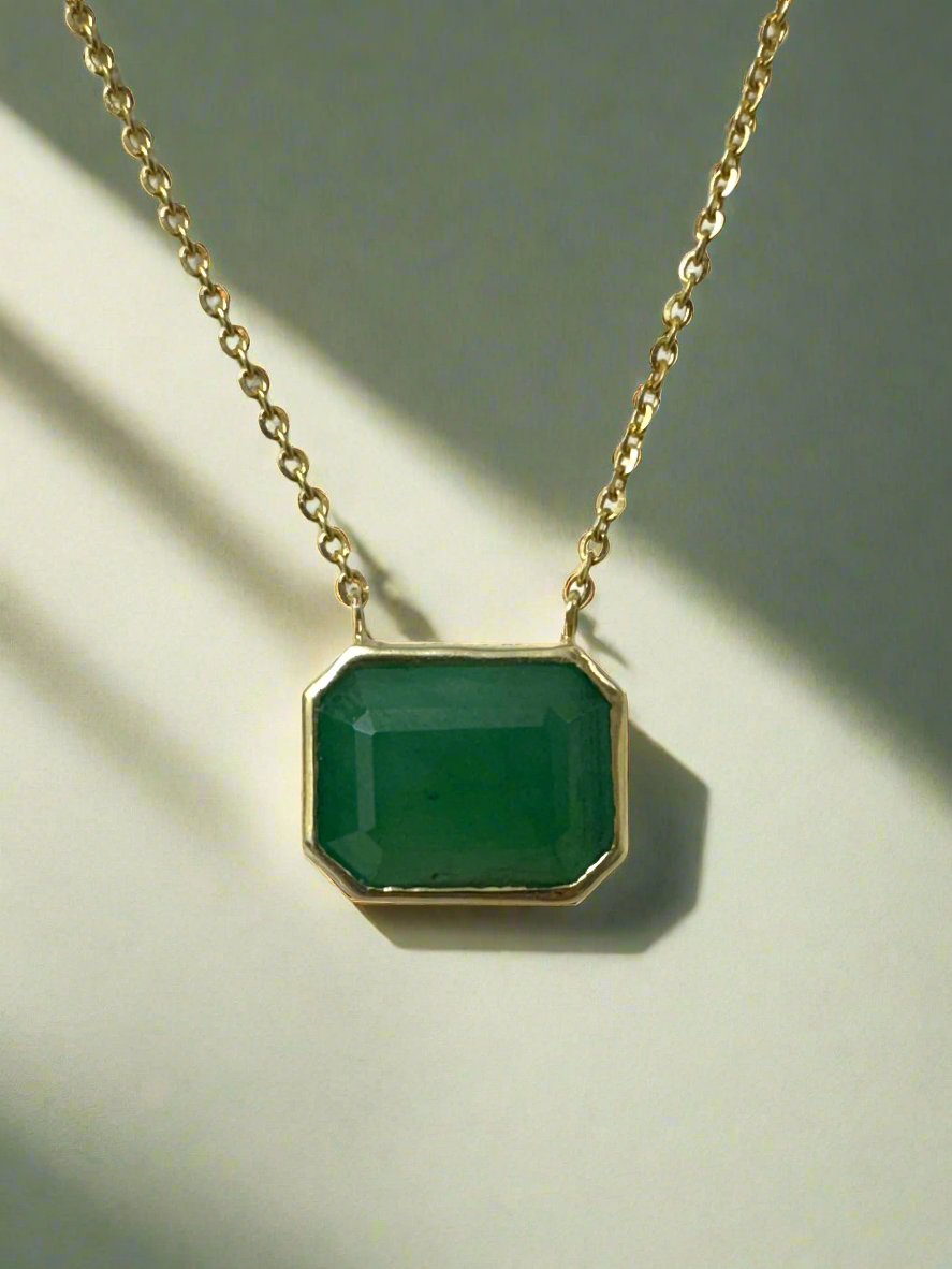 4.58ct Earthy Natural Emerald Bezel Set Solitaire Necklace 14K