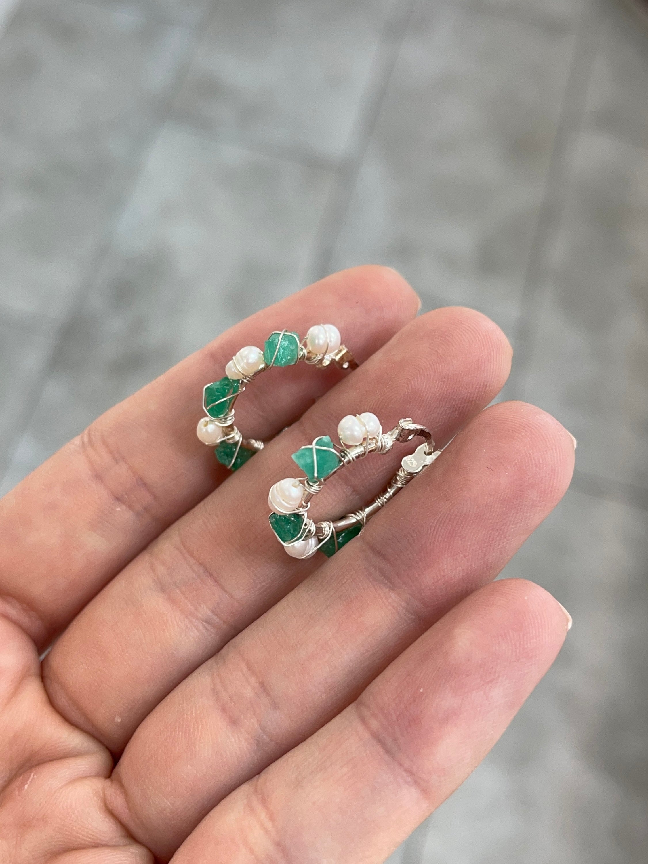 As seen on Instagram: Rough Colombian Emerald & Pearl Hoop Earrings Sterling Silver - JR Colombian Emeralds