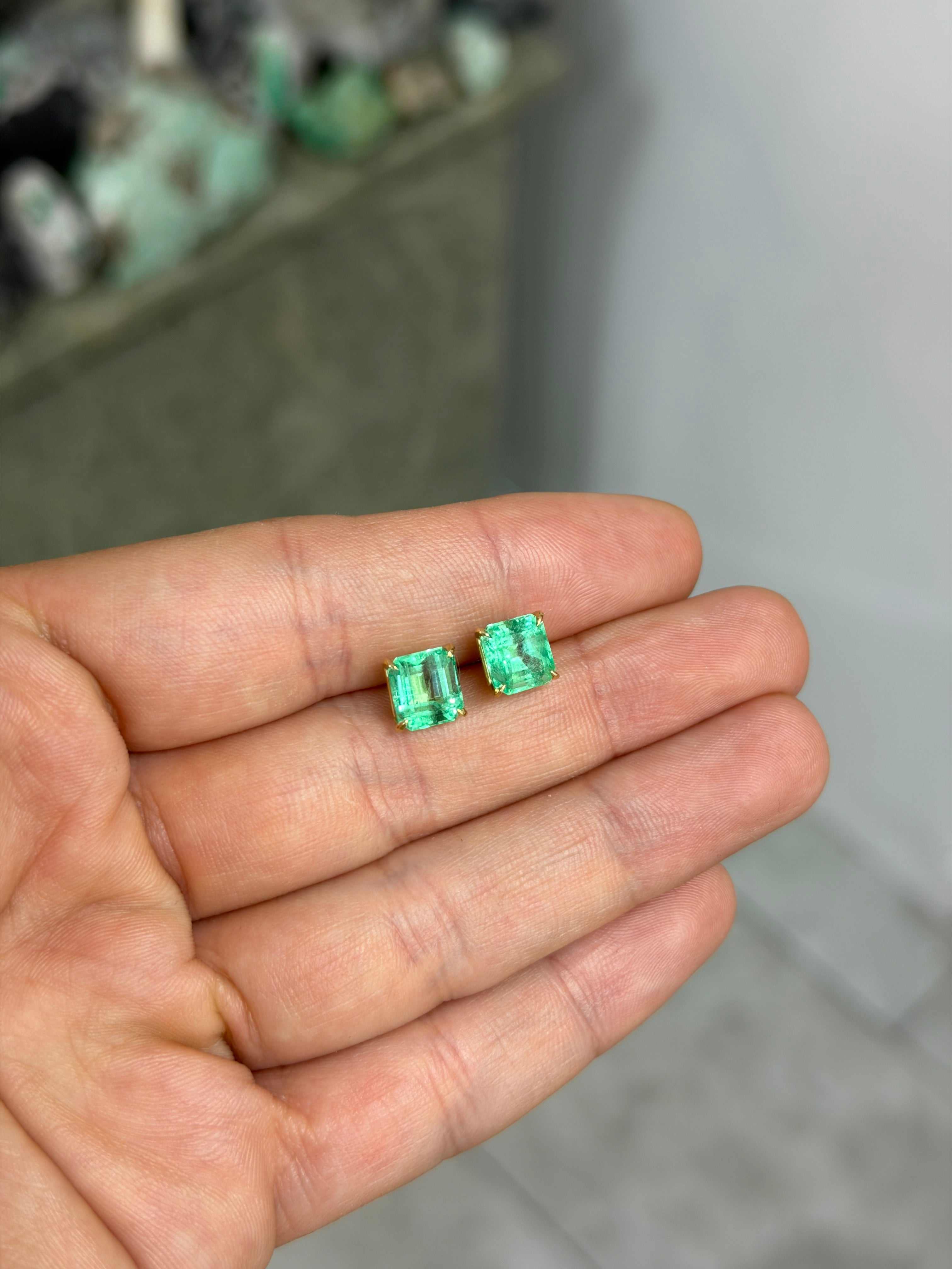 4.09tcw 7.5mm x 7mm Vivacious Asscher Cut Colombian Emerald 18K Studs