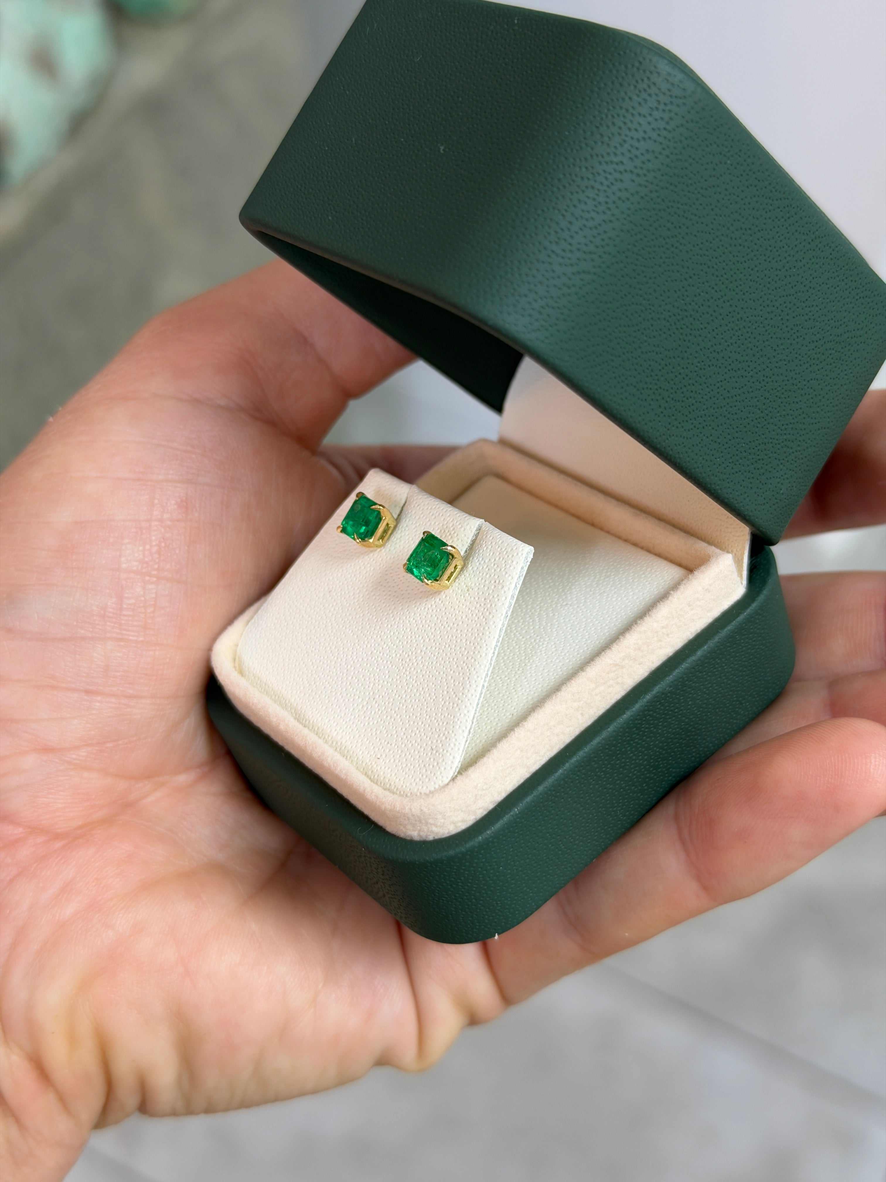 1.26tcw AAA+ Everyday Asscher Cut Colombian Emerald Studs 18K