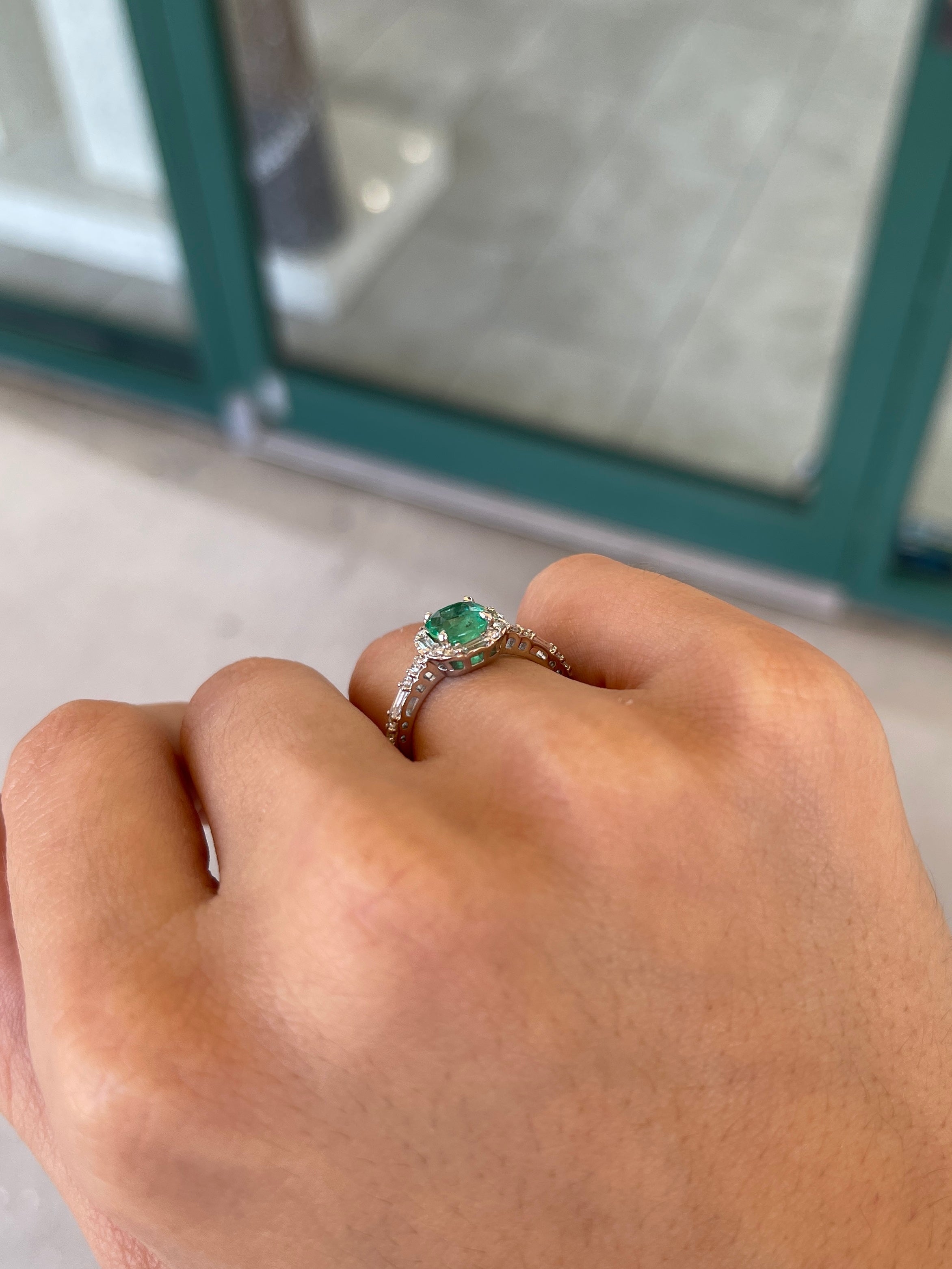 1.55tcw 14K Vivid Medium Vivid Green Cushion Cut Emerald & Round Baguette Diamond Halo Engagement Ring 585