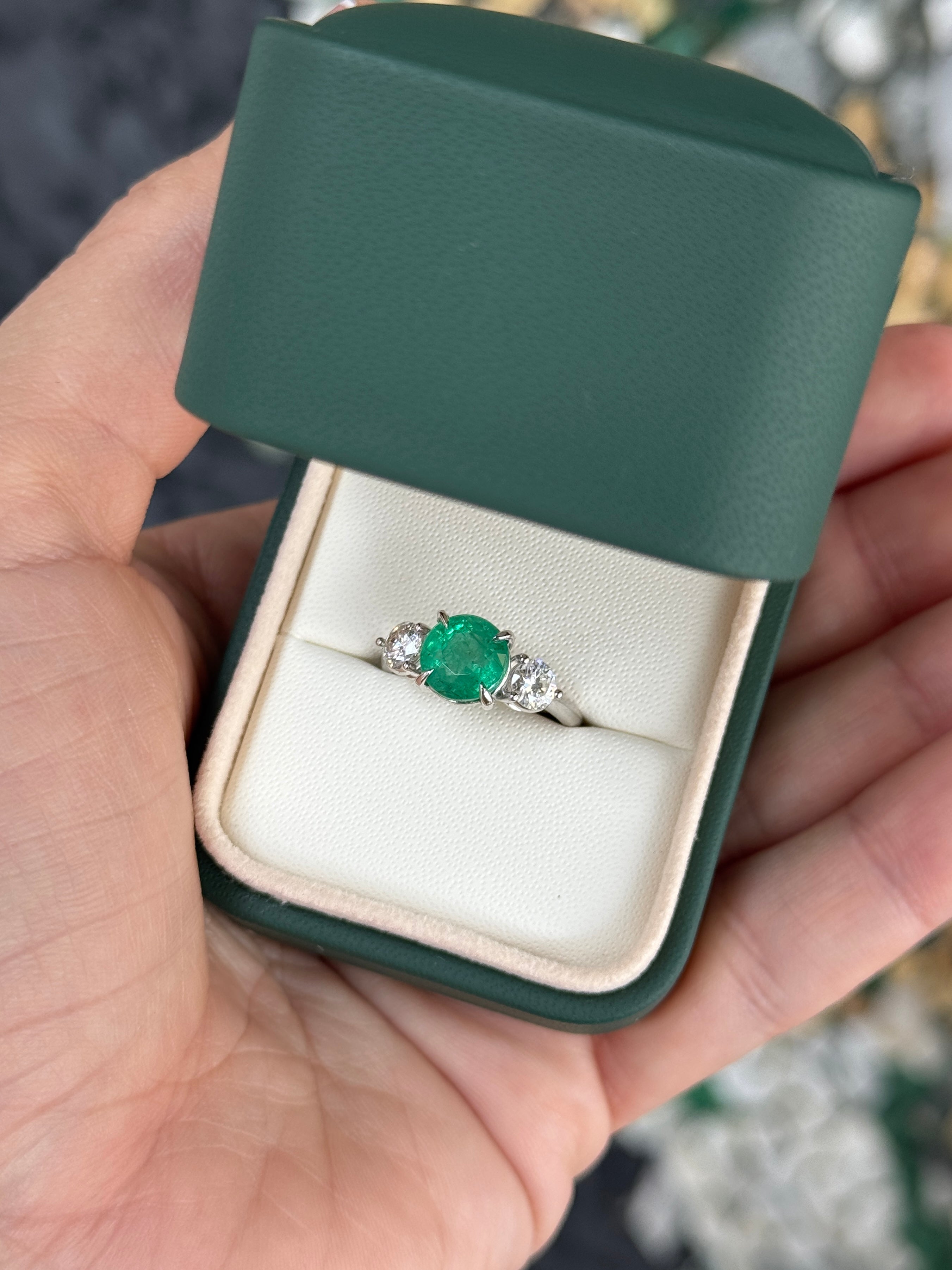 14K white gold 2.91tcw emerald and diamond 3-stone engagement ring with central emerald and diamond accents by JR Colombian Emeralds
