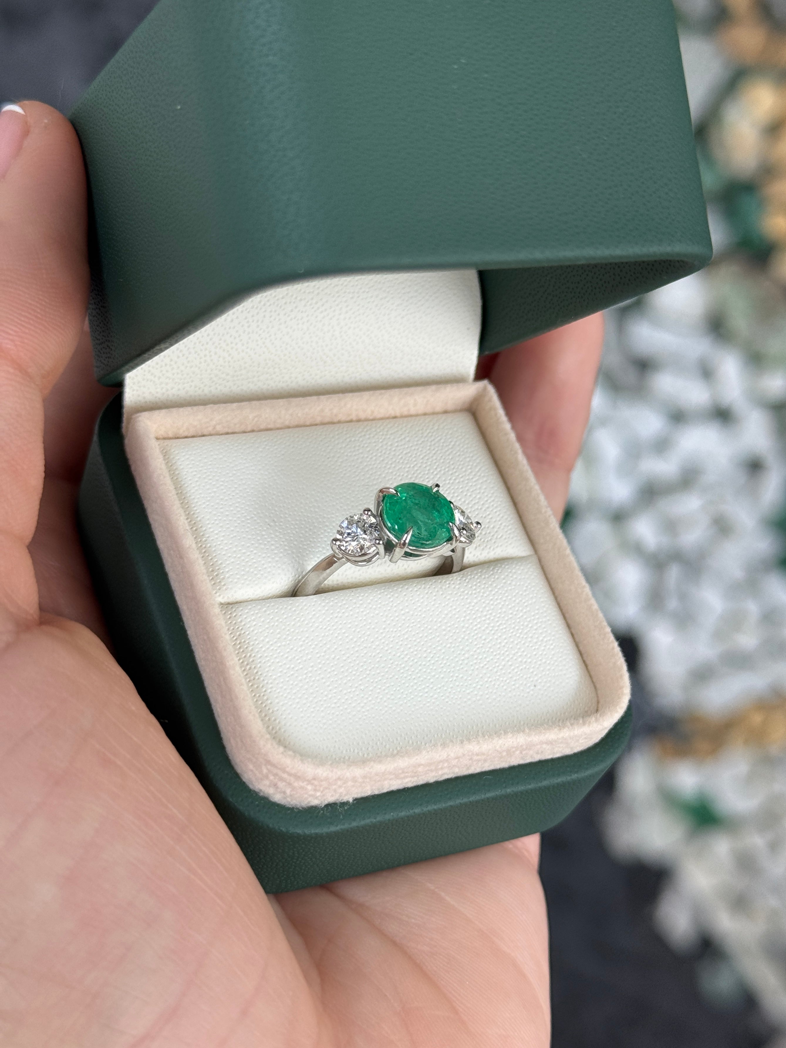 14K white gold 2.91tcw emerald and diamond 3-stone engagement ring by JR Colombian Emeralds, featuring central emeralds and sparkling diamonds.