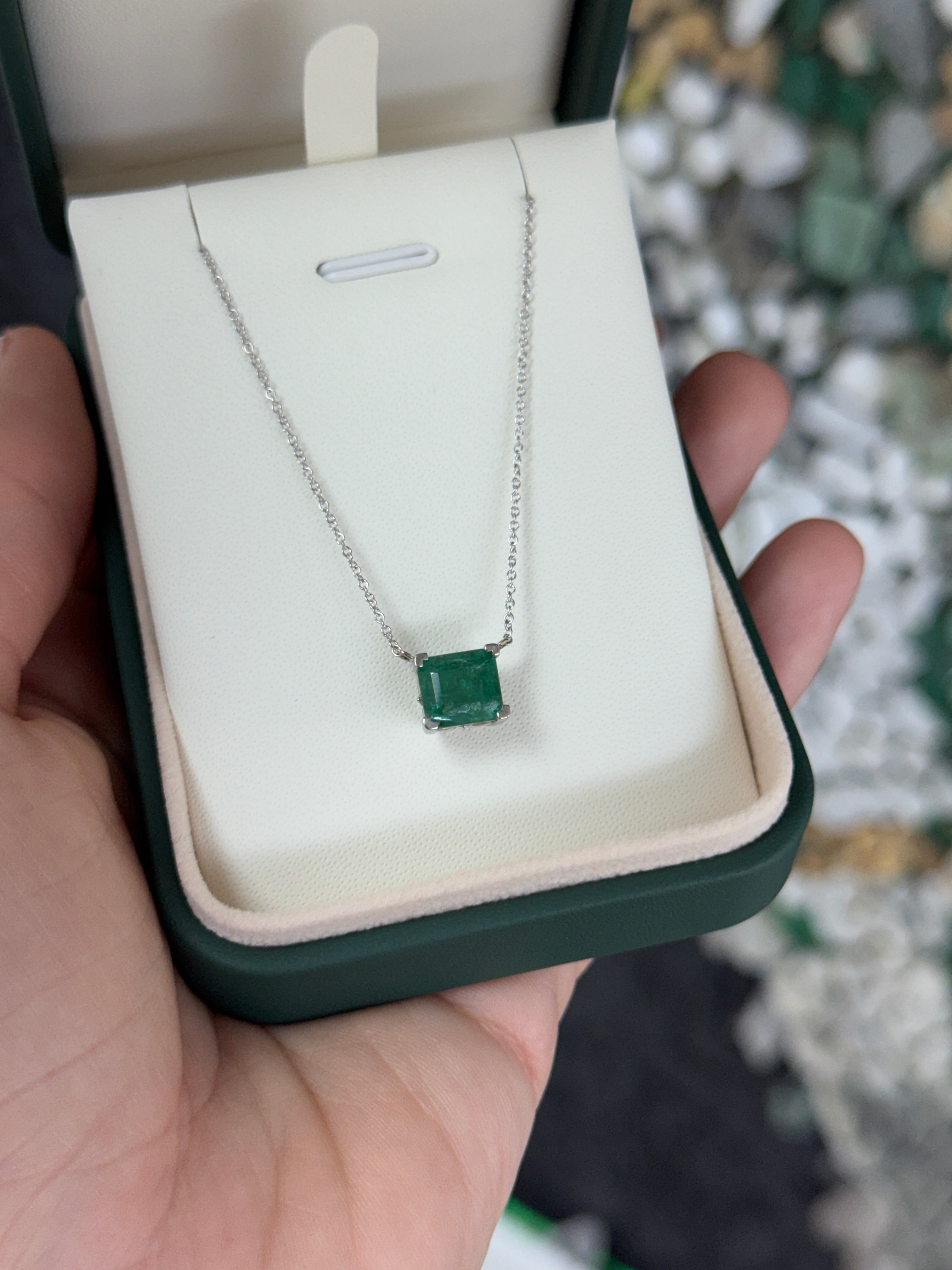 2.99 carat white gold emerald solitaire necklace featuring a natural green emerald pendant, crafted by JR Colombian Emeralds.