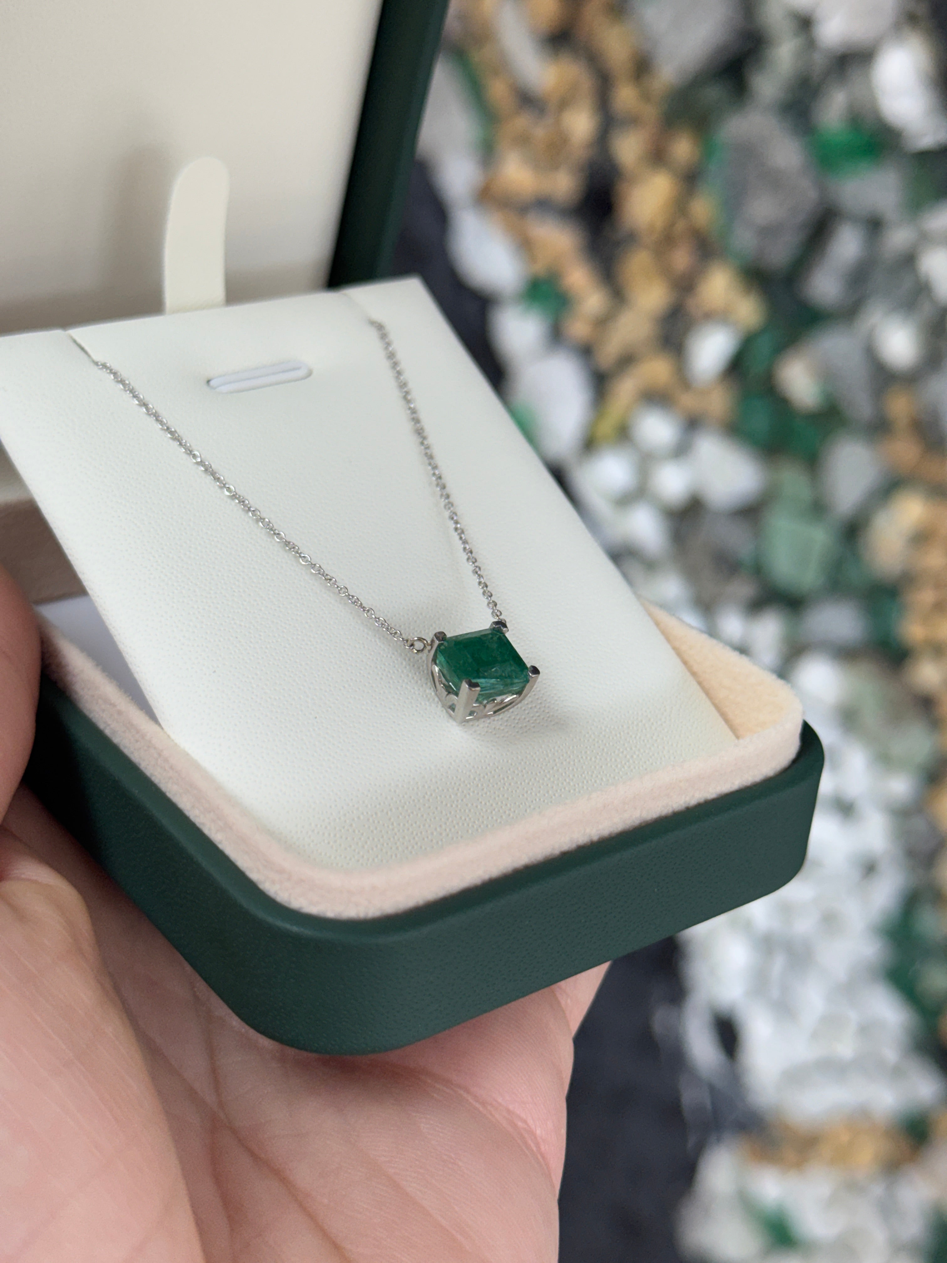 18K white gold emerald solitaire necklace with a 2.99 carat natural emerald, from JR Colombian Emeralds.