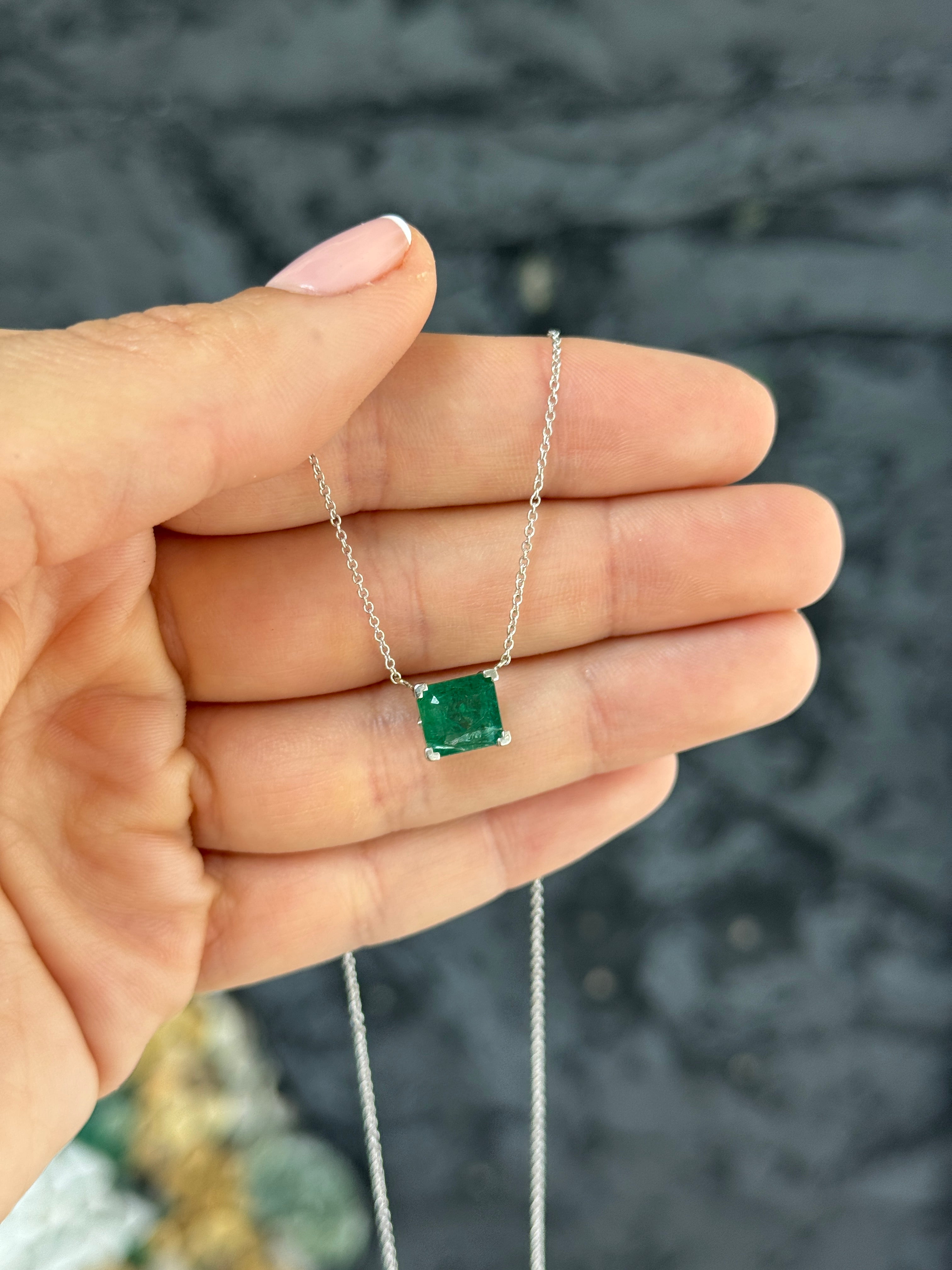 18K white gold emerald solitaire necklace featuring a 2.99 carat natural emerald by JR Colombian Emeralds.