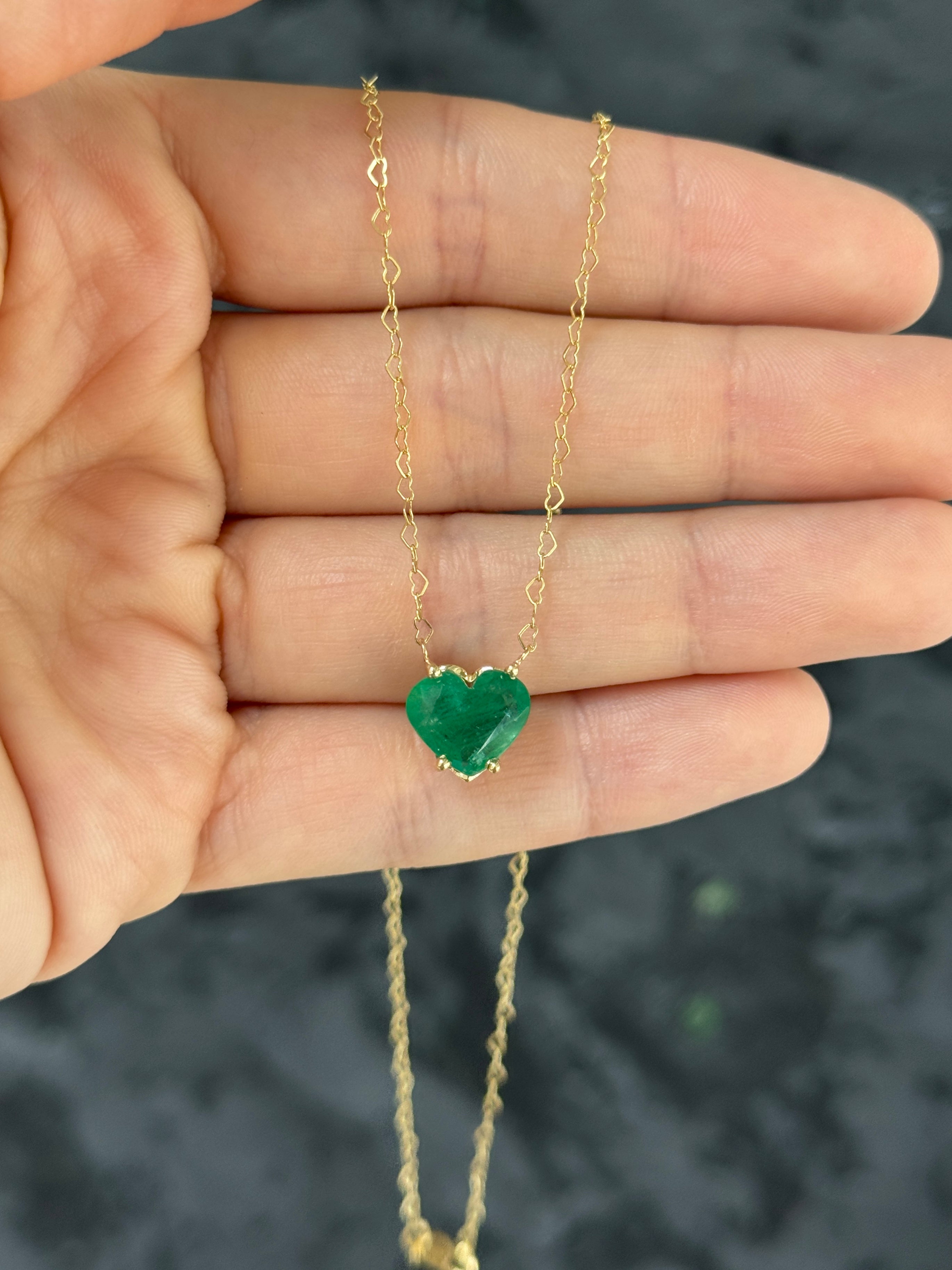 4.07cts Natural Zambian Emerald Heart Solitaire Necklace