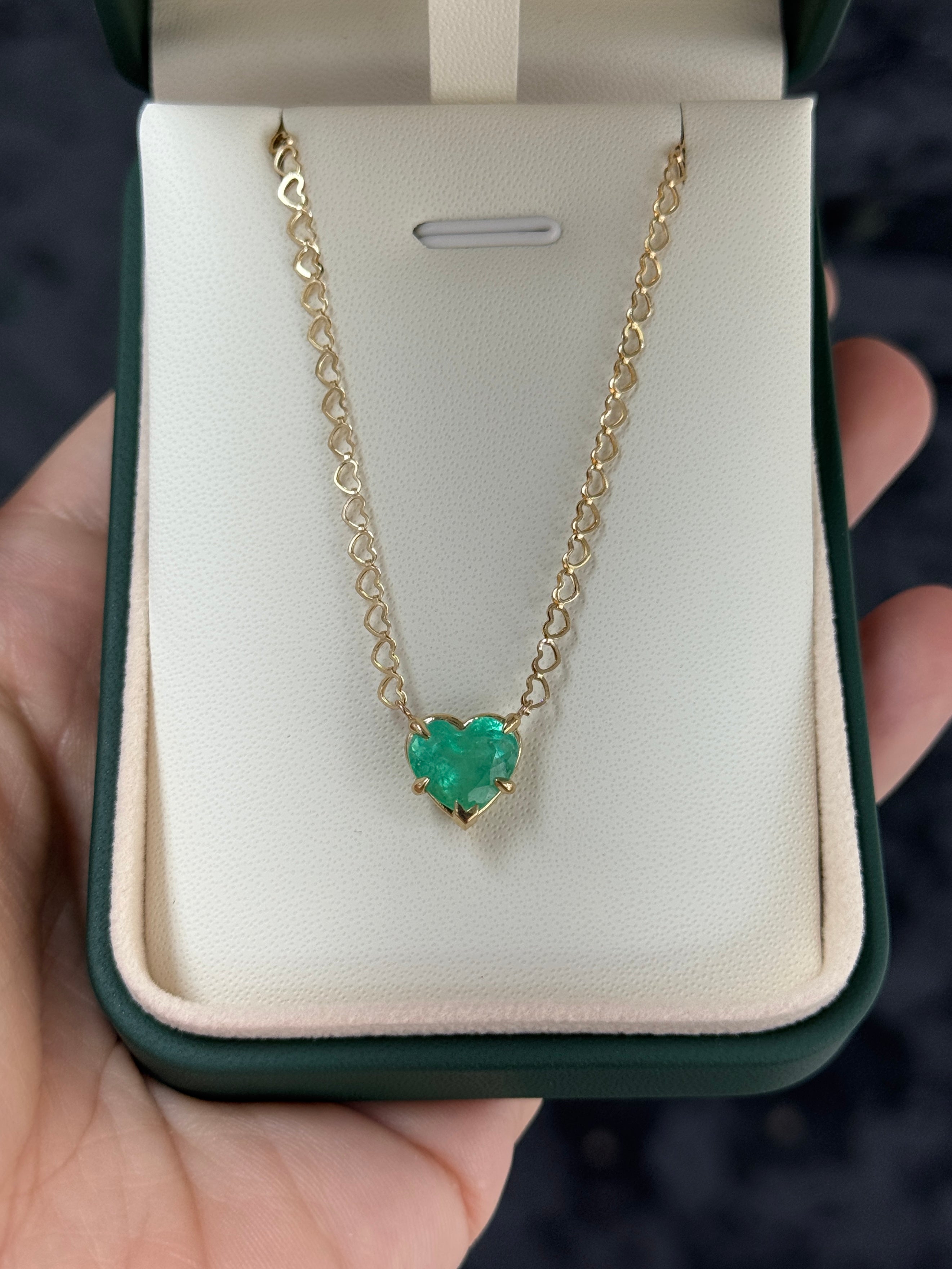 Natural Colombian emerald heart pendant necklace with 2.70cts emerald and 14K gold chain from JR Colombian Emeralds.