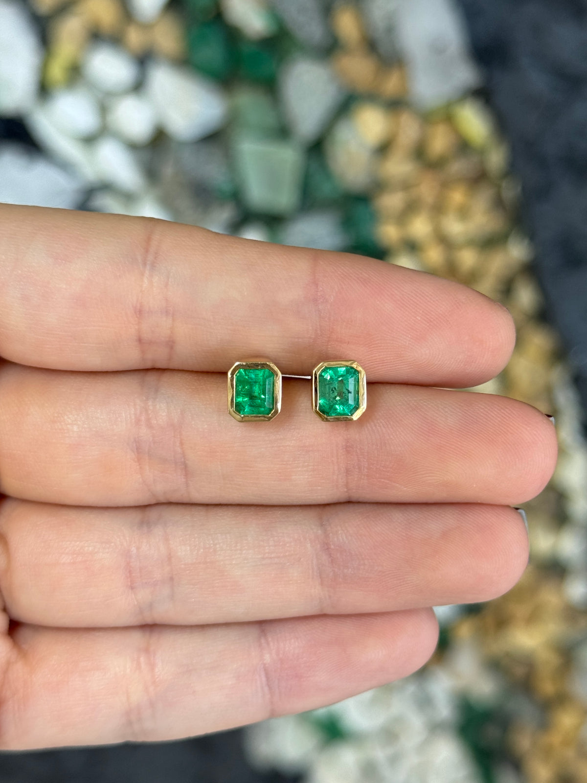 3.0tcw Colombian Emerald Bezel Set Studs 18K