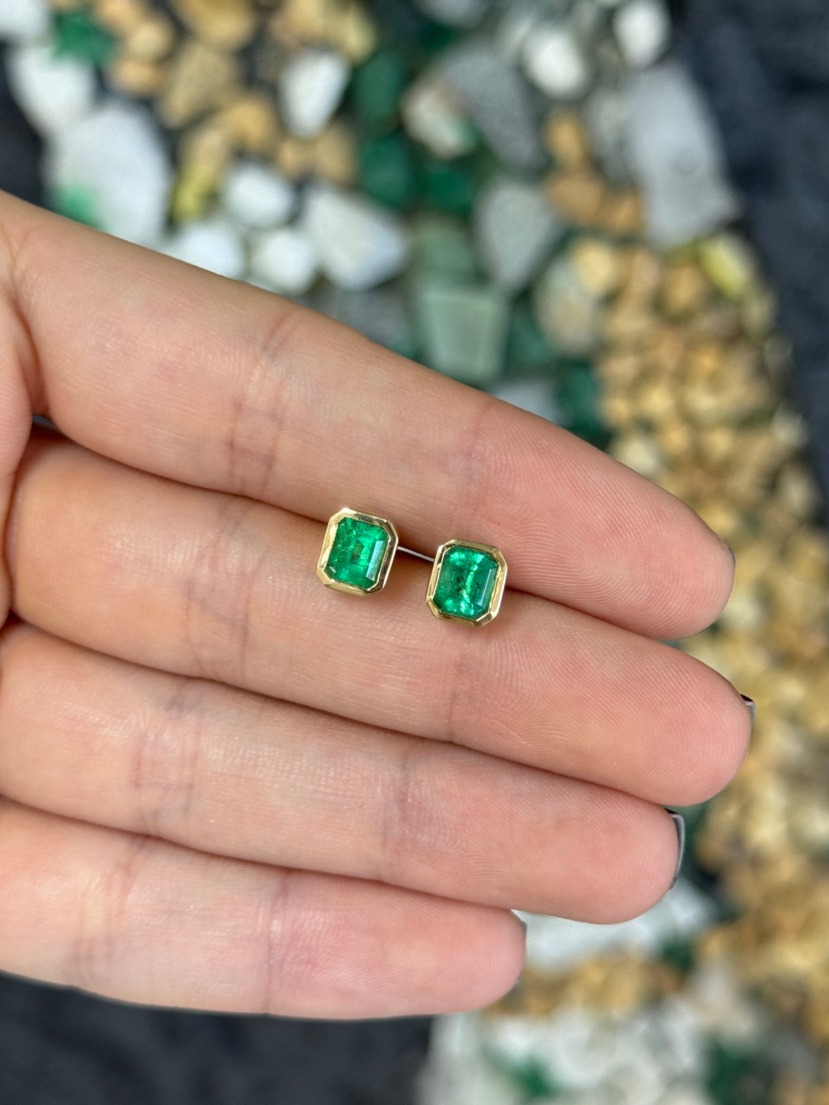 3.0tcw Colombian Emerald Bezel Set Studs 18K