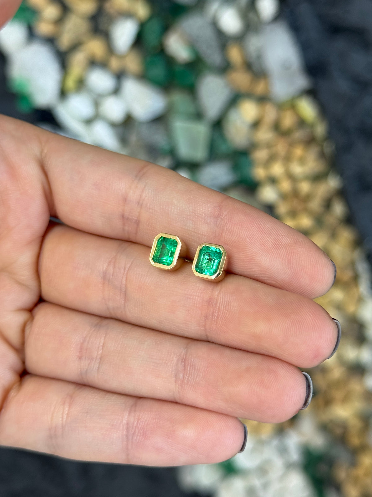 3.0tcw Colombian Emerald Bezel Set Studs 18K
