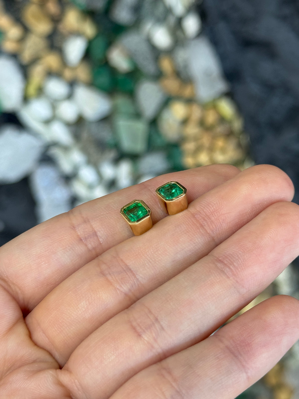 3.0tcw Colombian Emerald Bezel Set Studs 18K