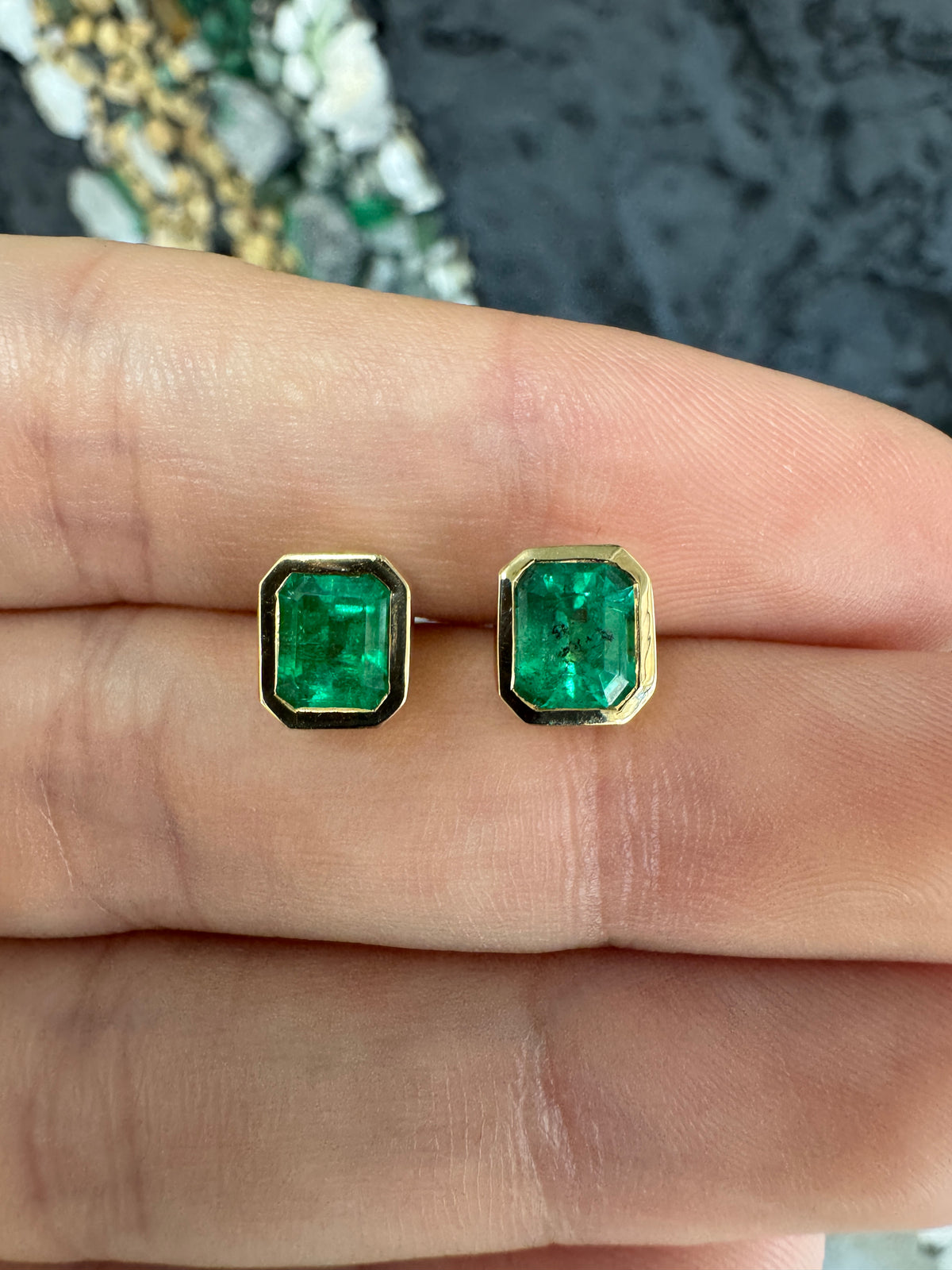 3.0tcw Colombian Emerald Bezel Set Studs 18K