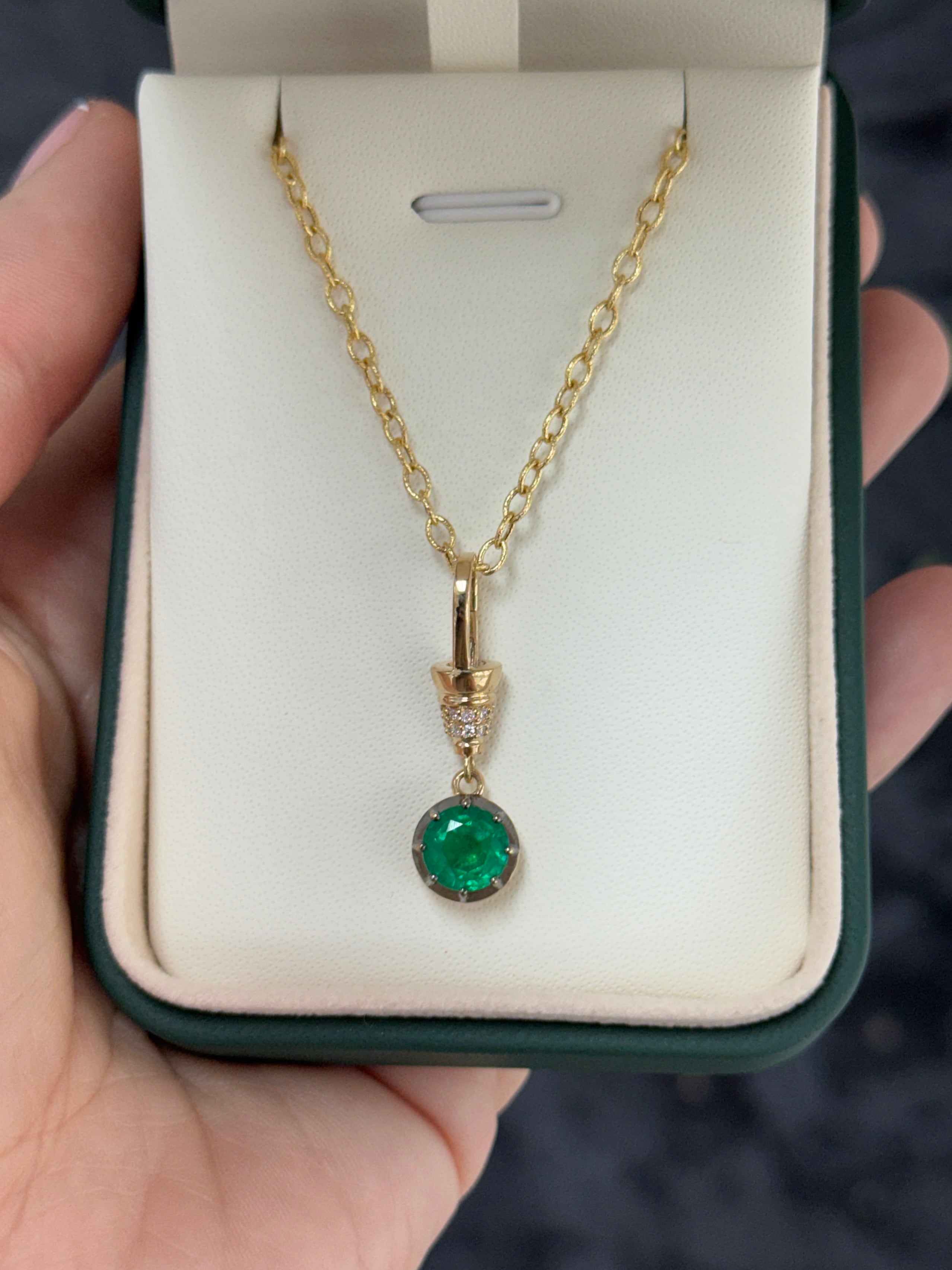 14K natural round cut emerald pendant necklace with diamond accents, featuring multi-prong setting from JR Colombian Emeralds.
