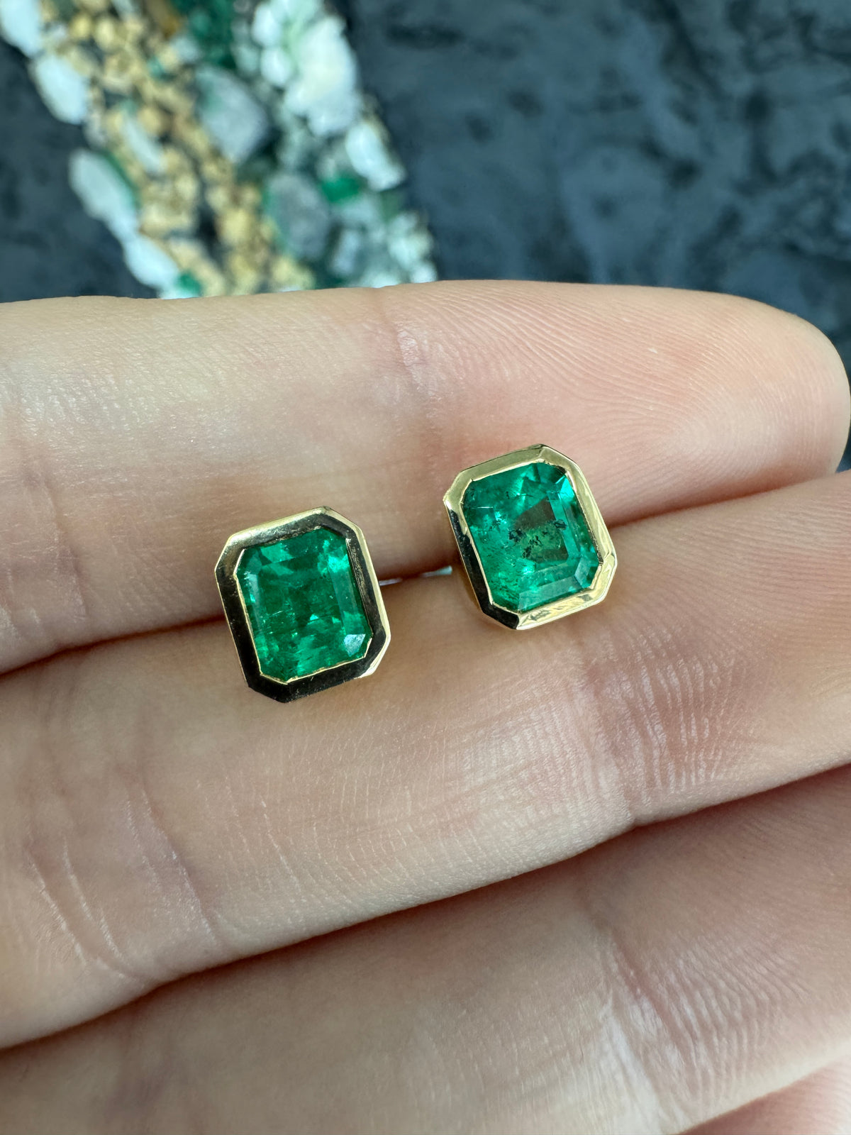 3.0tcw Colombian Emerald Bezel Set Studs 18K
