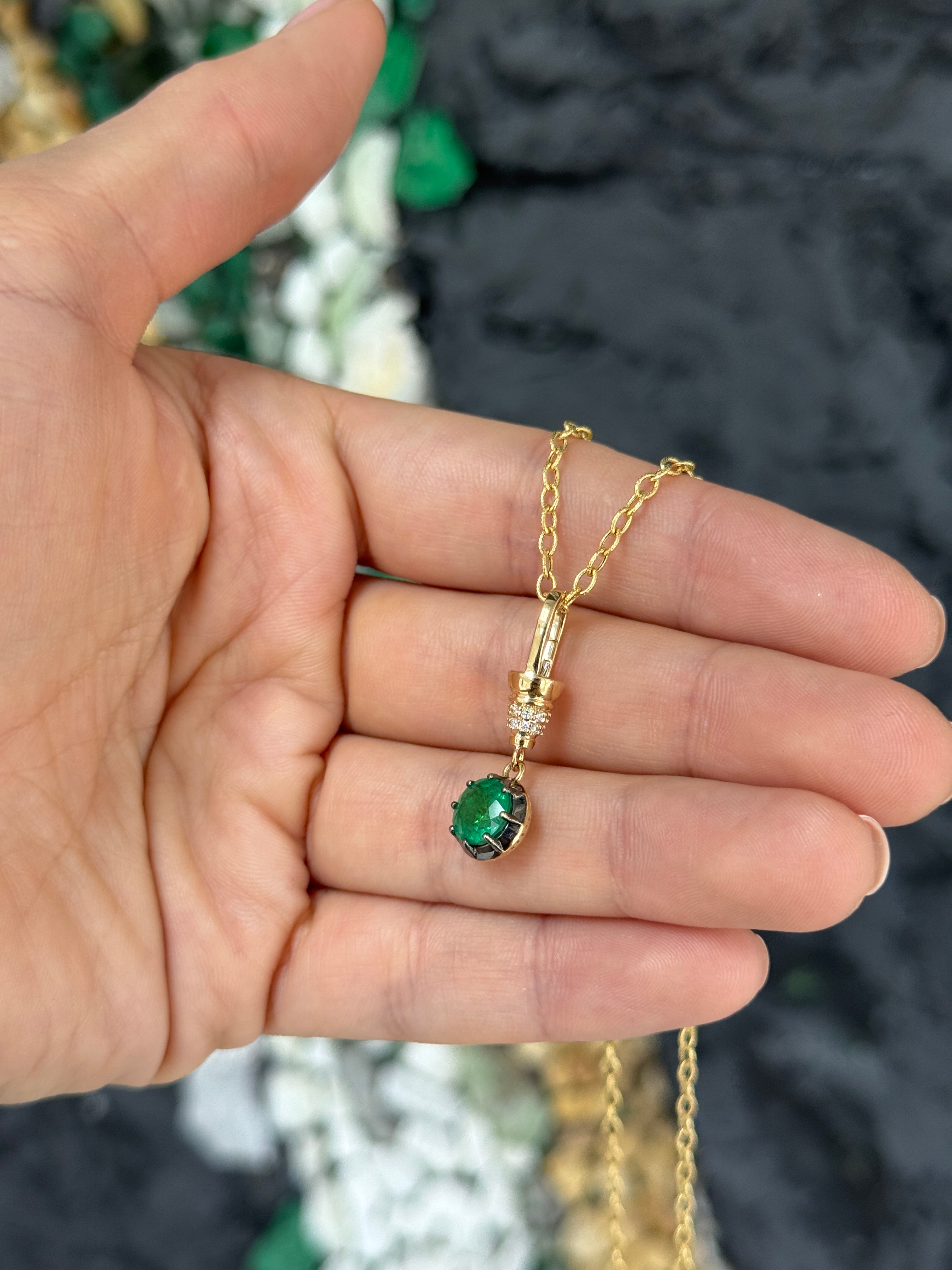 14K gold emerald pendant necklace with round cut gemstone, multi-prong setting, diamond accents, from JR Colombian Emeralds.