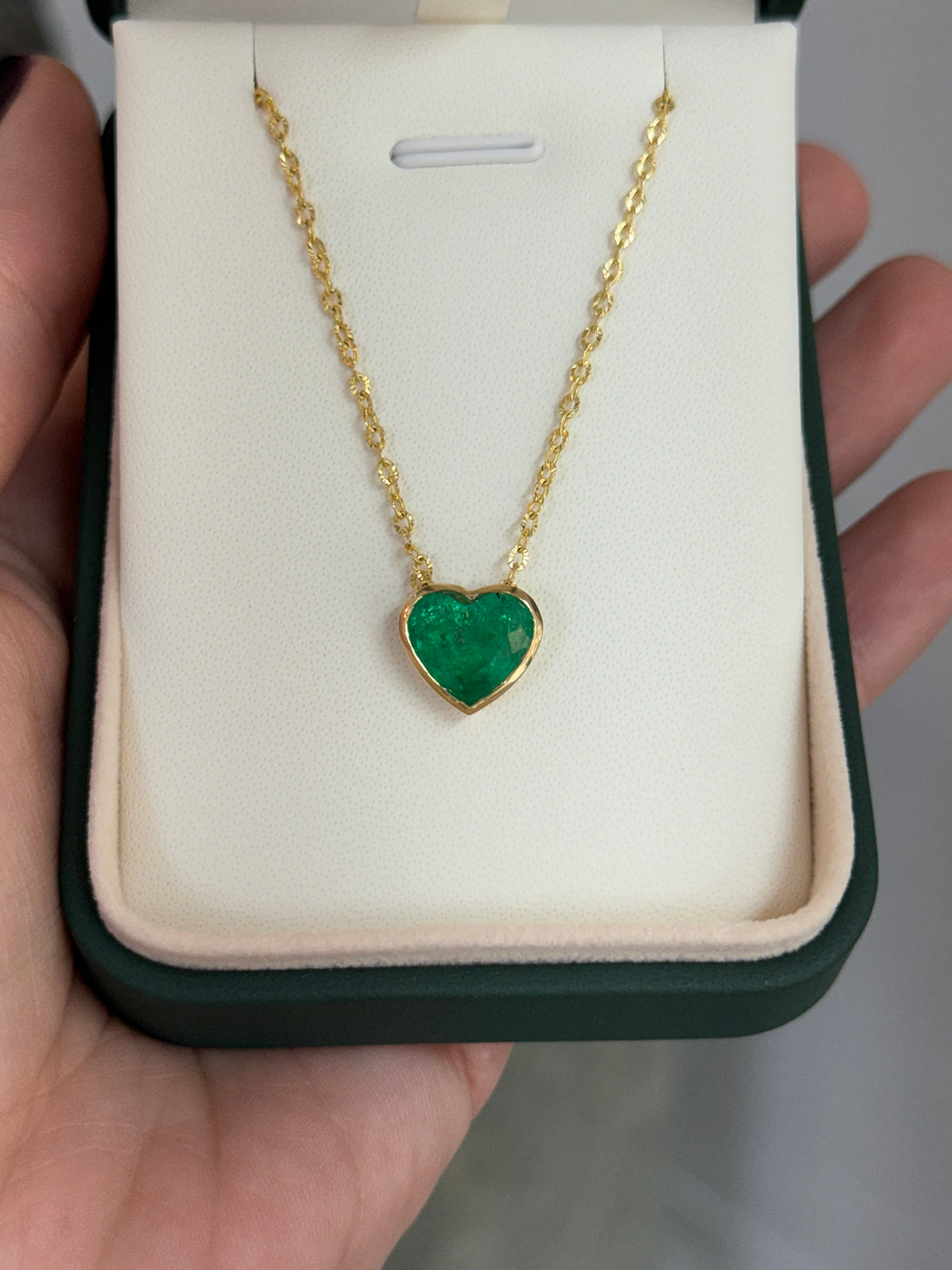 2.98ct 18K Colombian Emerald Heart Cut Solitaire Bezel Necklace