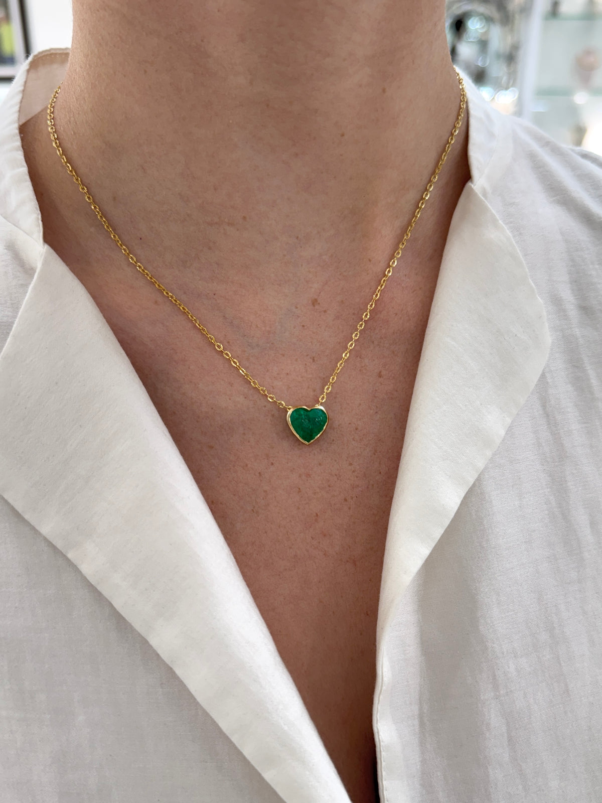 2.98ct 18K Colombian Emerald Heart Cut Solitaire Bezel Necklace