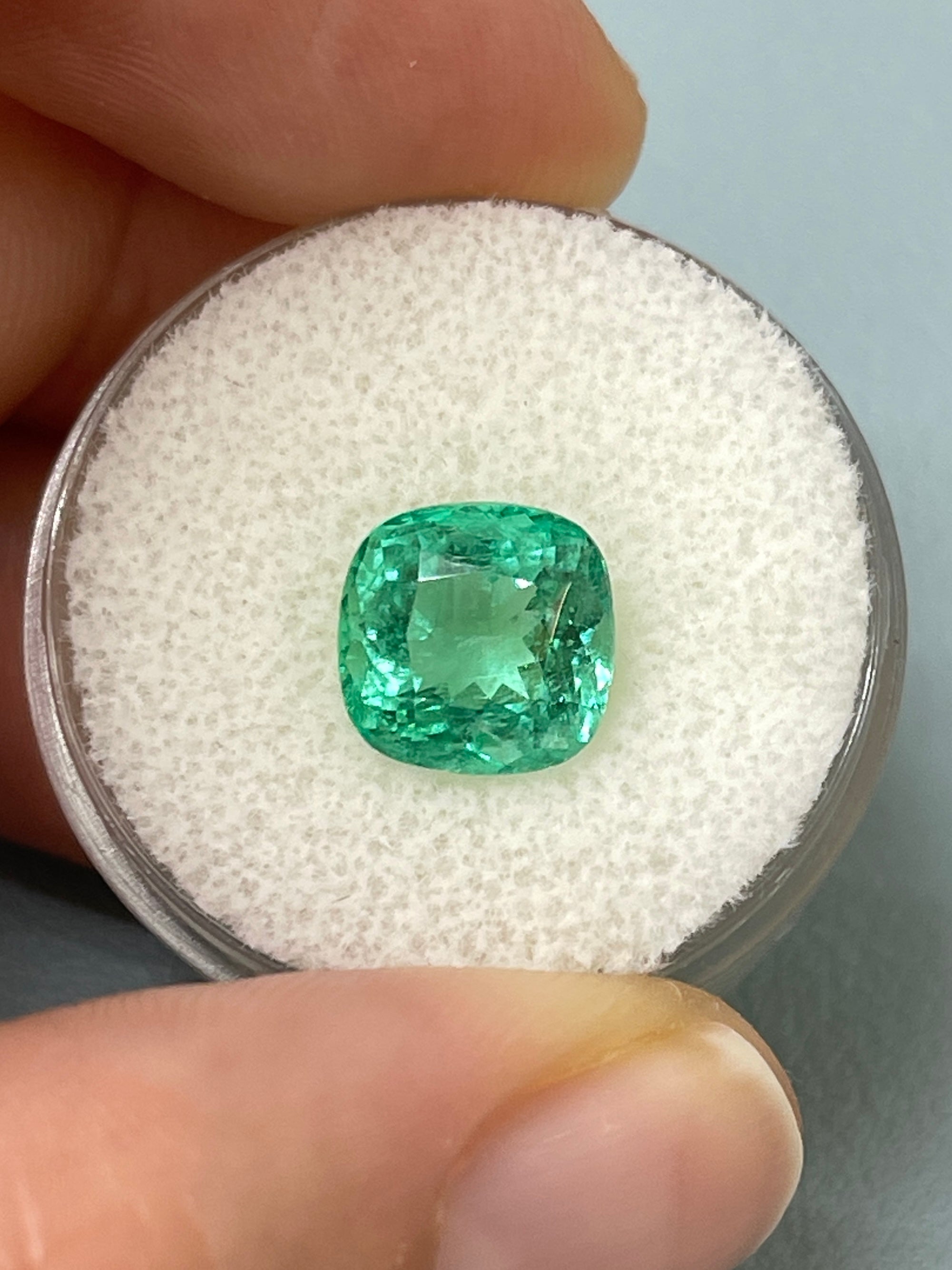 3.01 Carat 9x9 Lustrous Bluish Green Natural Loose Colombian Emerald-Cushion Cut - JR Colombian Emeralds