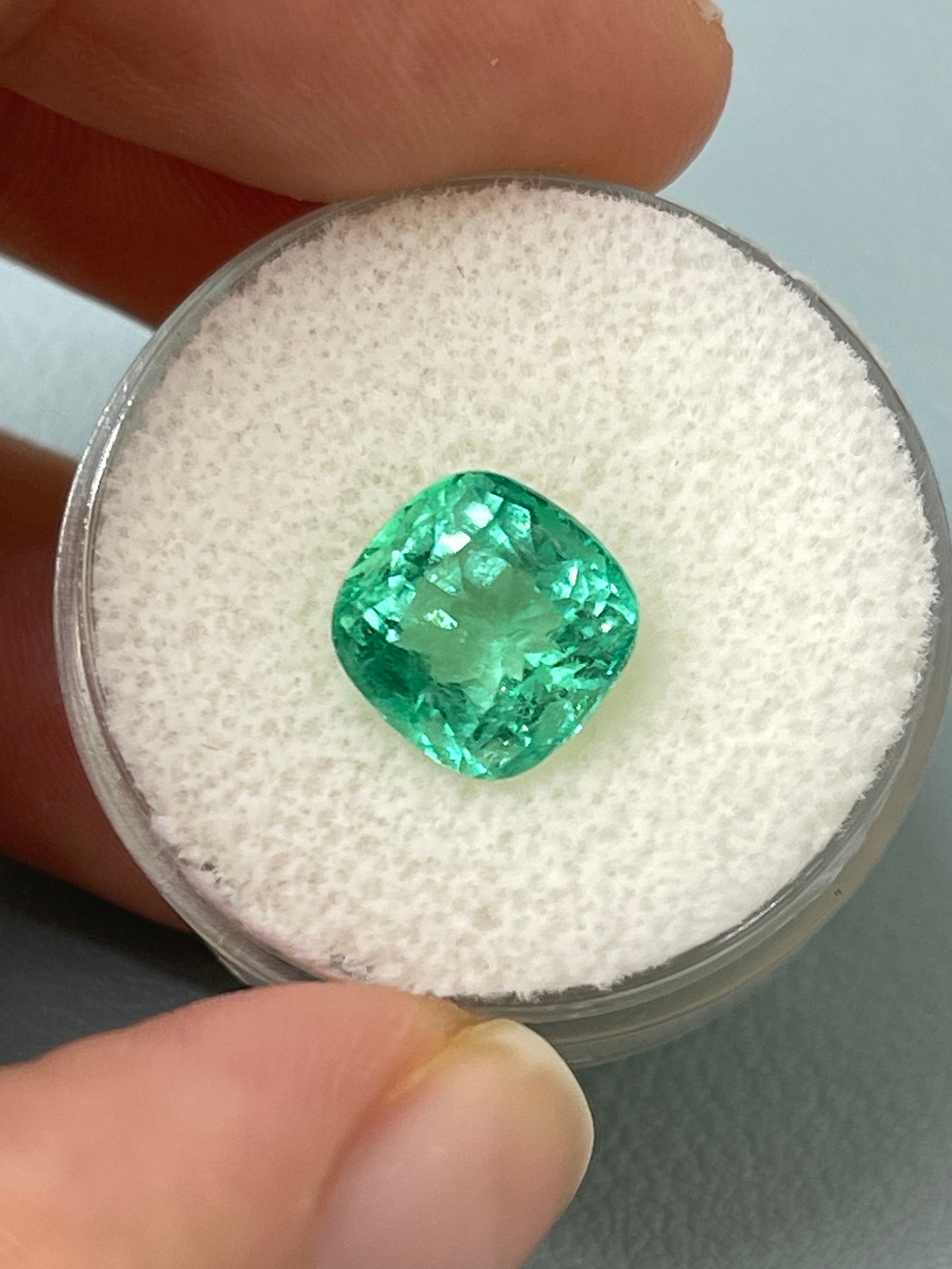 3.01 Carat 9x9 Lustrous Bluish Green Natural Loose Colombian Emerald-Cushion Cut - JR Colombian Emeralds