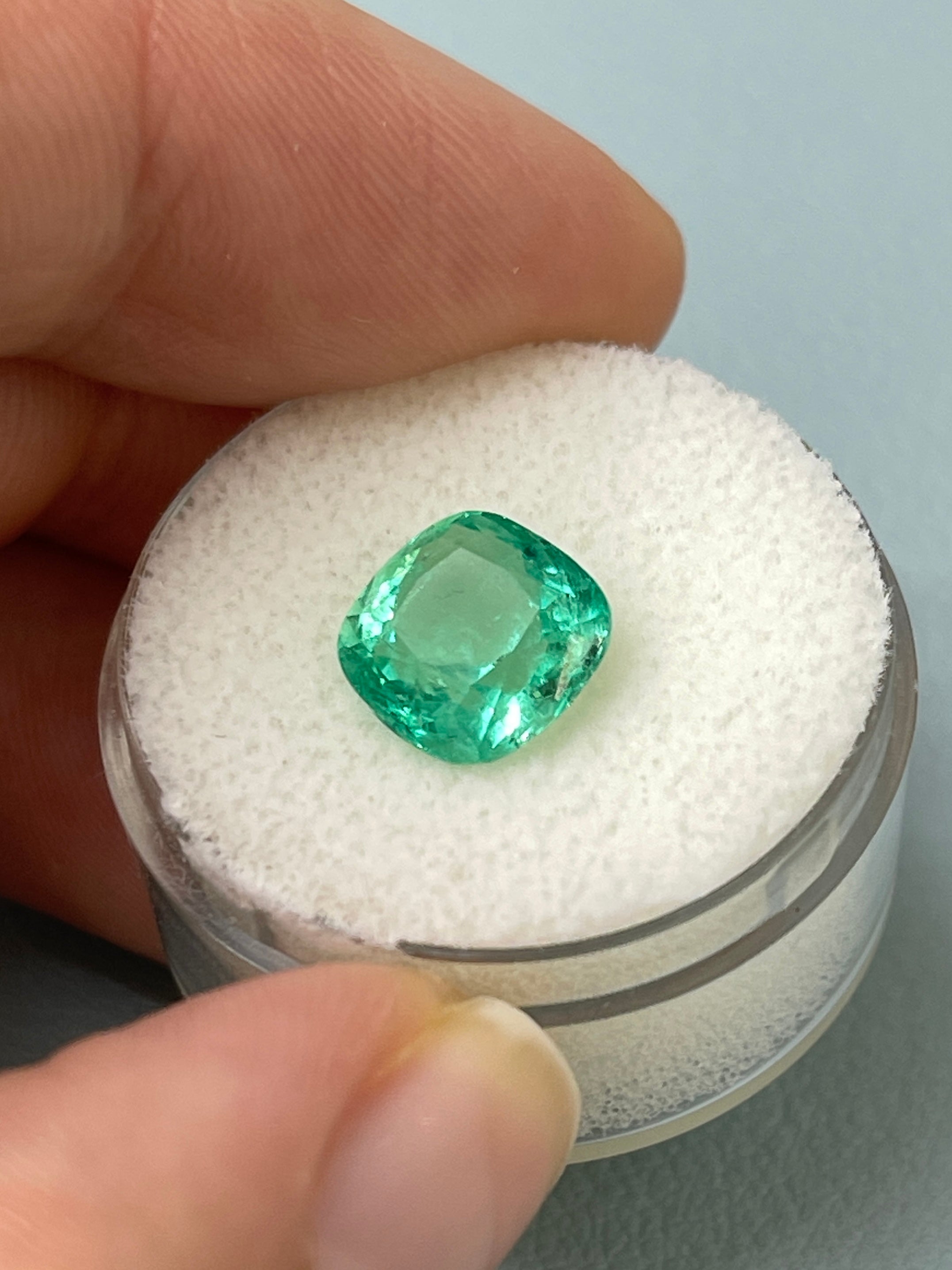 3.01 Carat 9x9 Lustrous Bluish Green Natural Loose Colombian Emerald-Cushion Cut - JR Colombian Emeralds