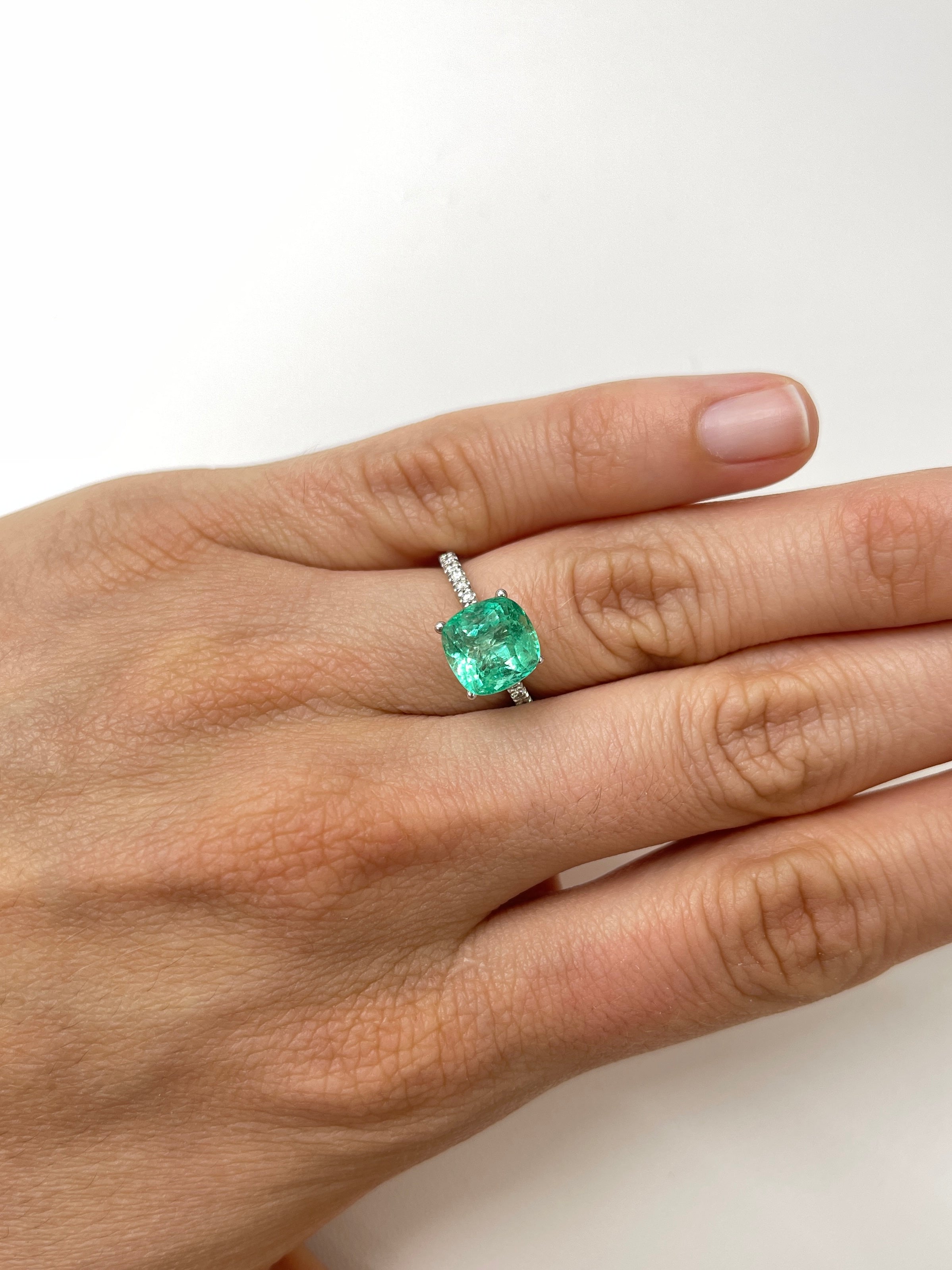 3.01 Carat 9x9 Lustrous Bluish Green Natural Loose Colombian Emerald-Cushion Cut - JR Colombian Emeralds